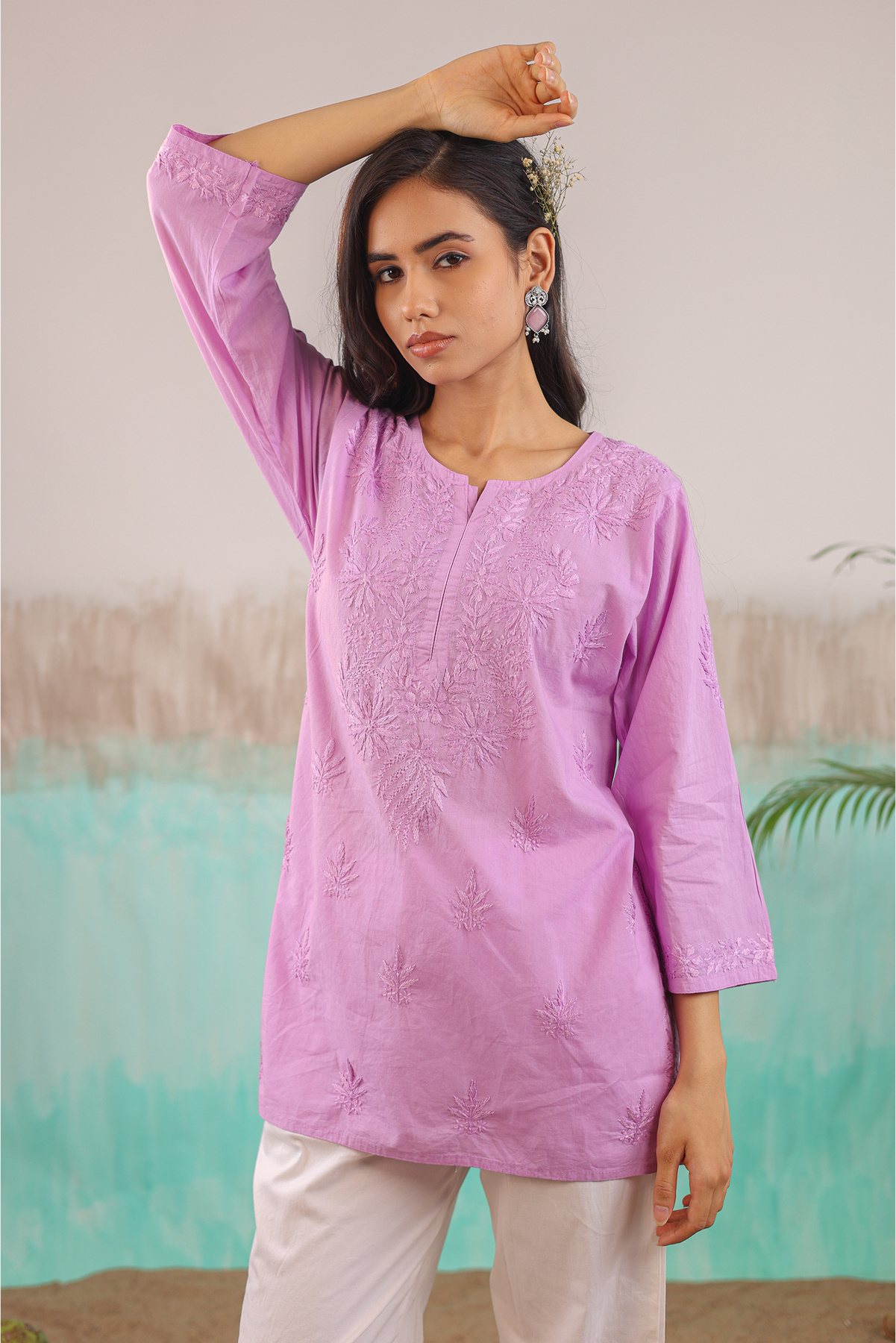 MAUVE ANAYA PURE COTTON HAND CRAFTED CHIKANKARI SHORT KURTI