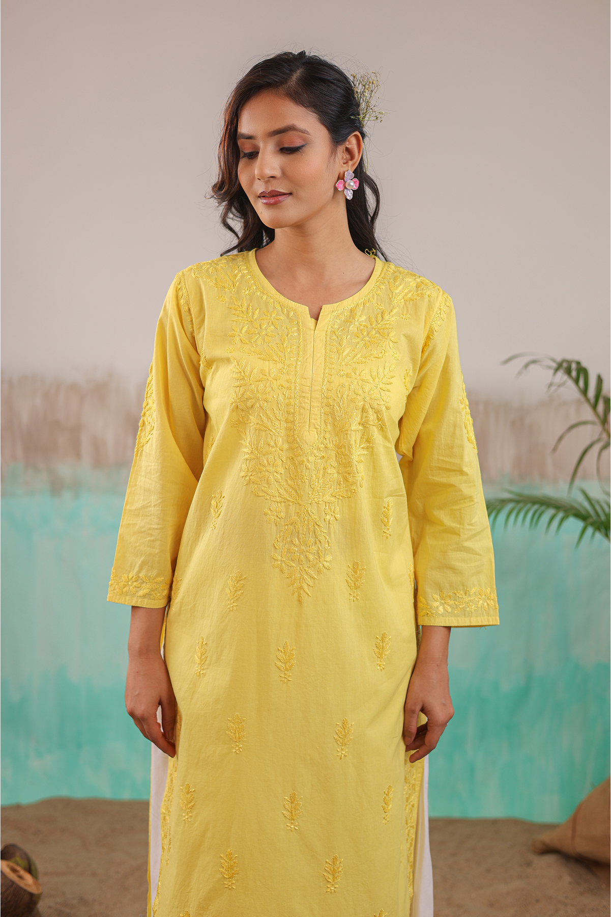 YELLOW AAROHI PURE COTTON HAND CRAFTED CHIKANKARI STRAIGHT KURTI