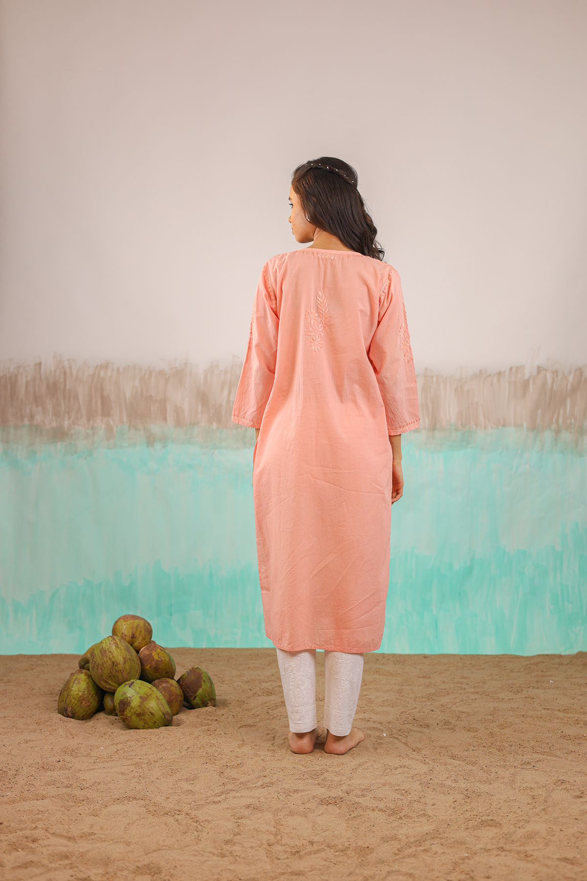 PEACH KAVYA PURE COTTON HAND CRAFTED CHIKANKARI STRAIGHT KURTI