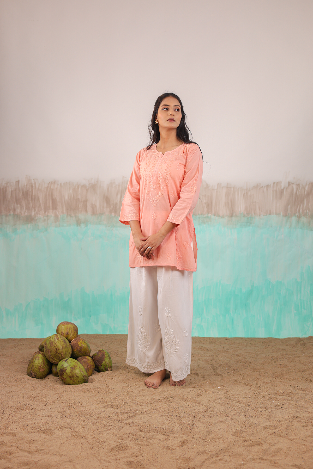 PEACH ANVI PURE COTTON HAND CRAFTED CHIKANKARI SHORT KURTI