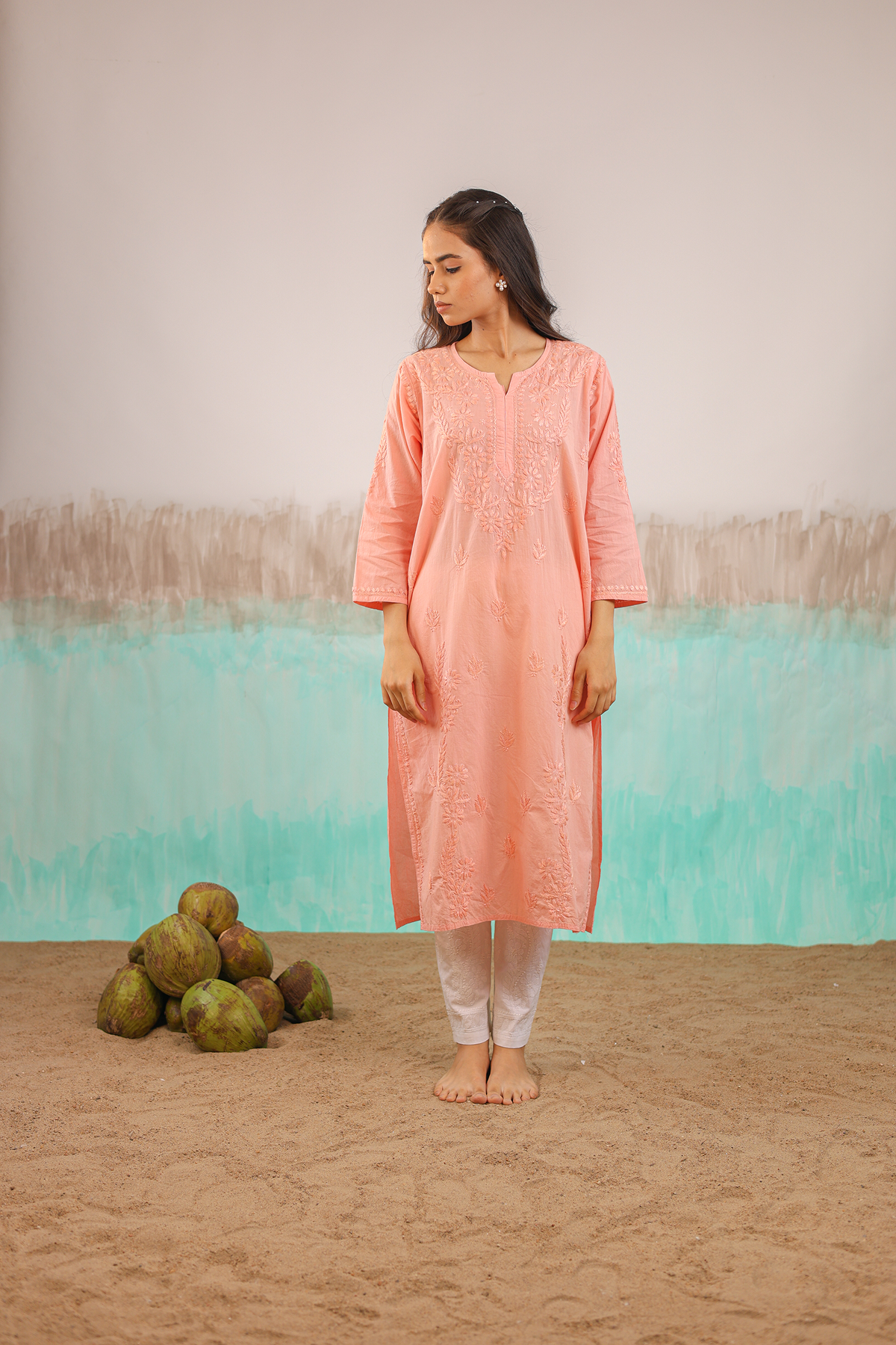 PEACH KAVYA PURE COTTON HAND CRAFTED CHIKANKARI STRAIGHT KURTI