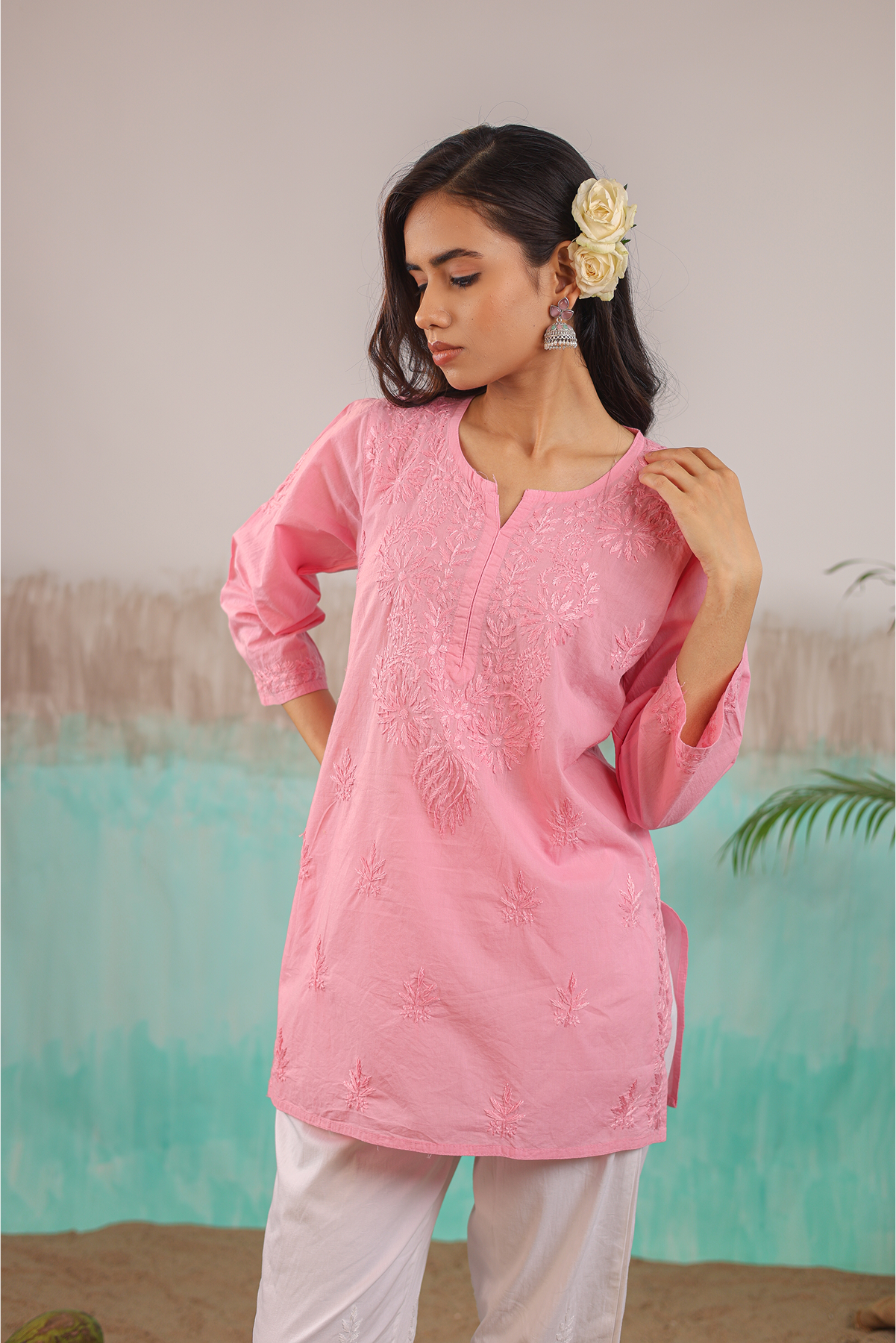 PINK ANAYA PURE COTTON HAND CRAFTED CHIKANKARI SHORT KURTI