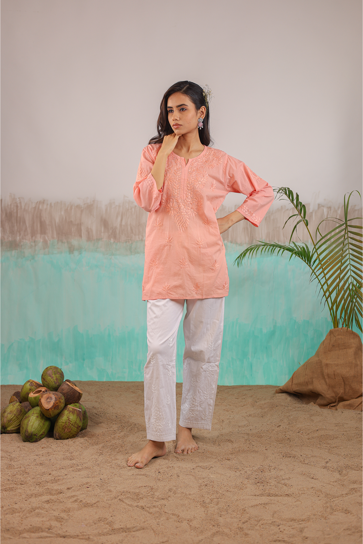 PEACH ANAYA PURE COTTON HAND CRAFTED CHIKANKARI SHORT KURTI