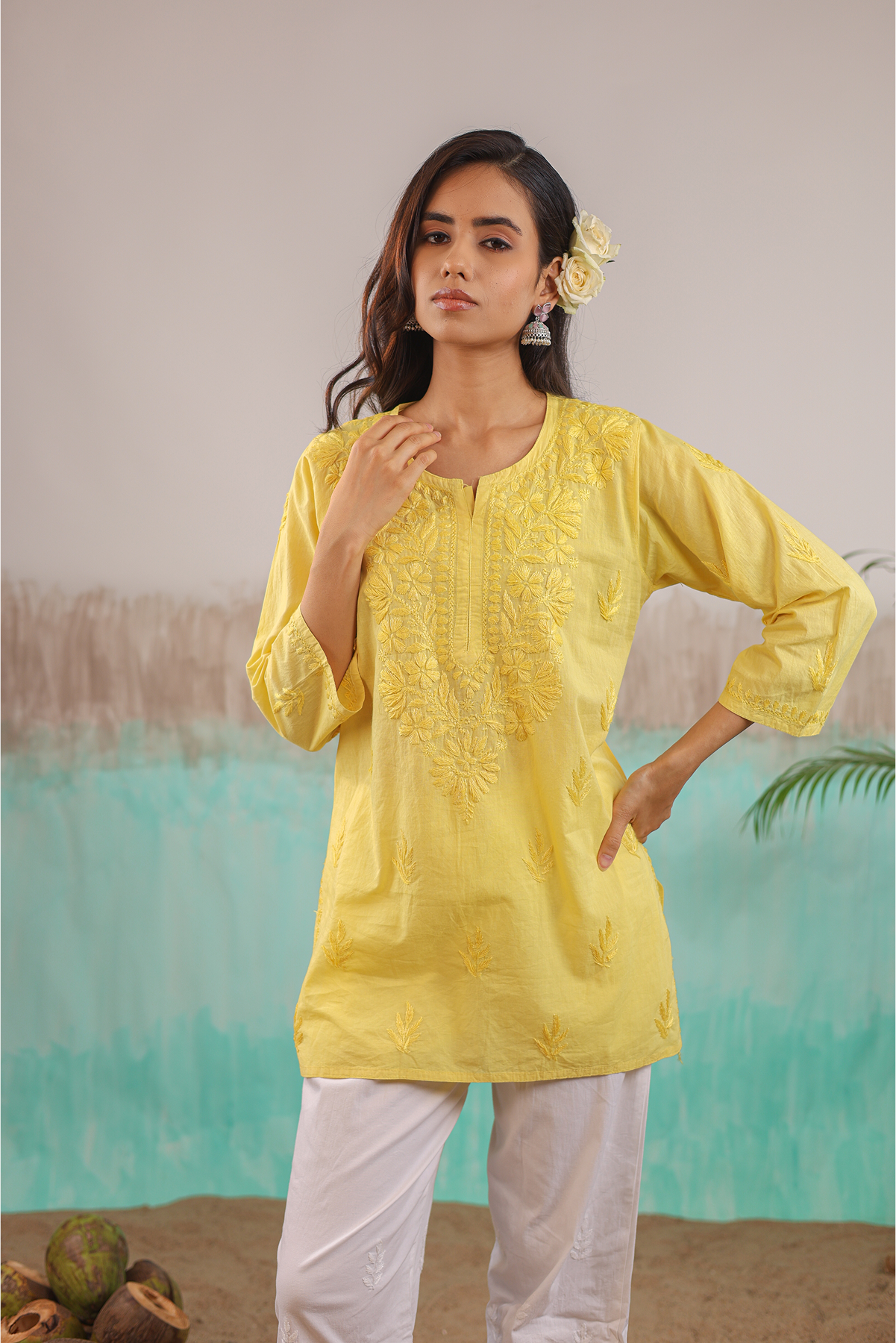YELLOW NEERA PURE COTTON HAND CRAFTED CHIKANKARI SHORT KURTI