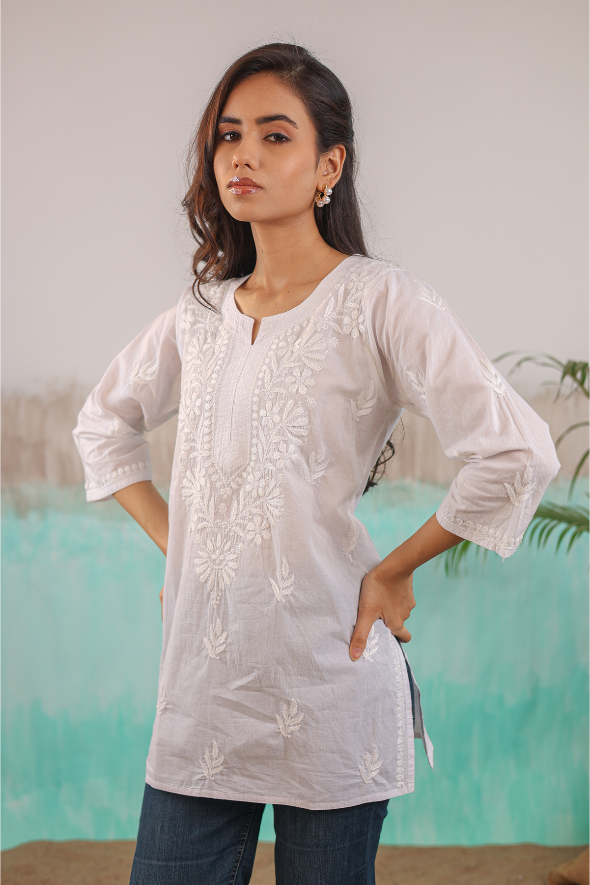WHITE NEERA PURE COTTON HAND CRAFTED CHIKANKARI SHORT KURTI
