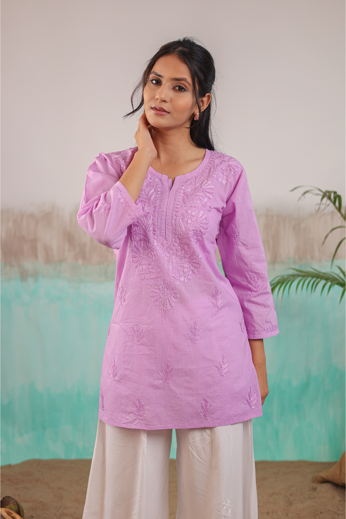 MAUVE NEERA PURE COTTON HAND CRAFTED CHIKANKARI SHORT KURTI