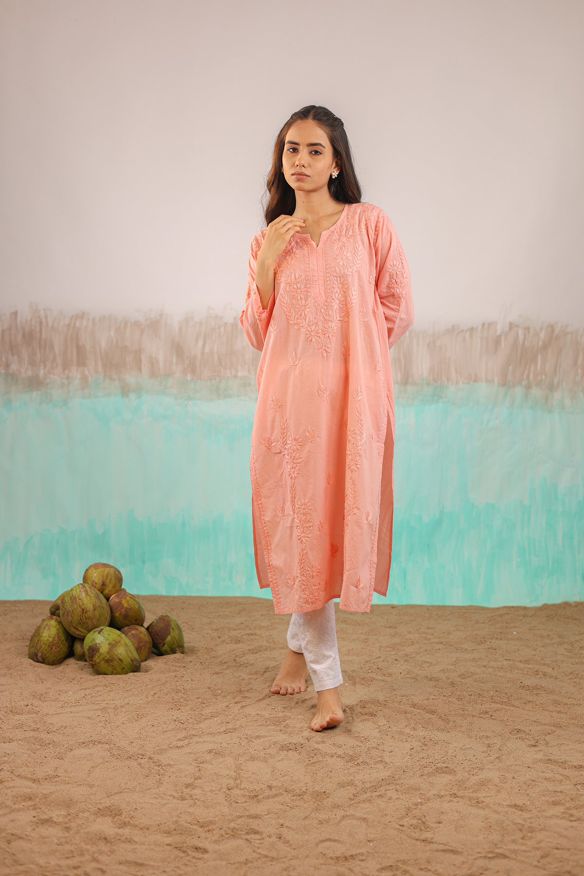 PEACH KAVYA PURE COTTON HAND CRAFTED CHIKANKARI STRAIGHT KURTI
