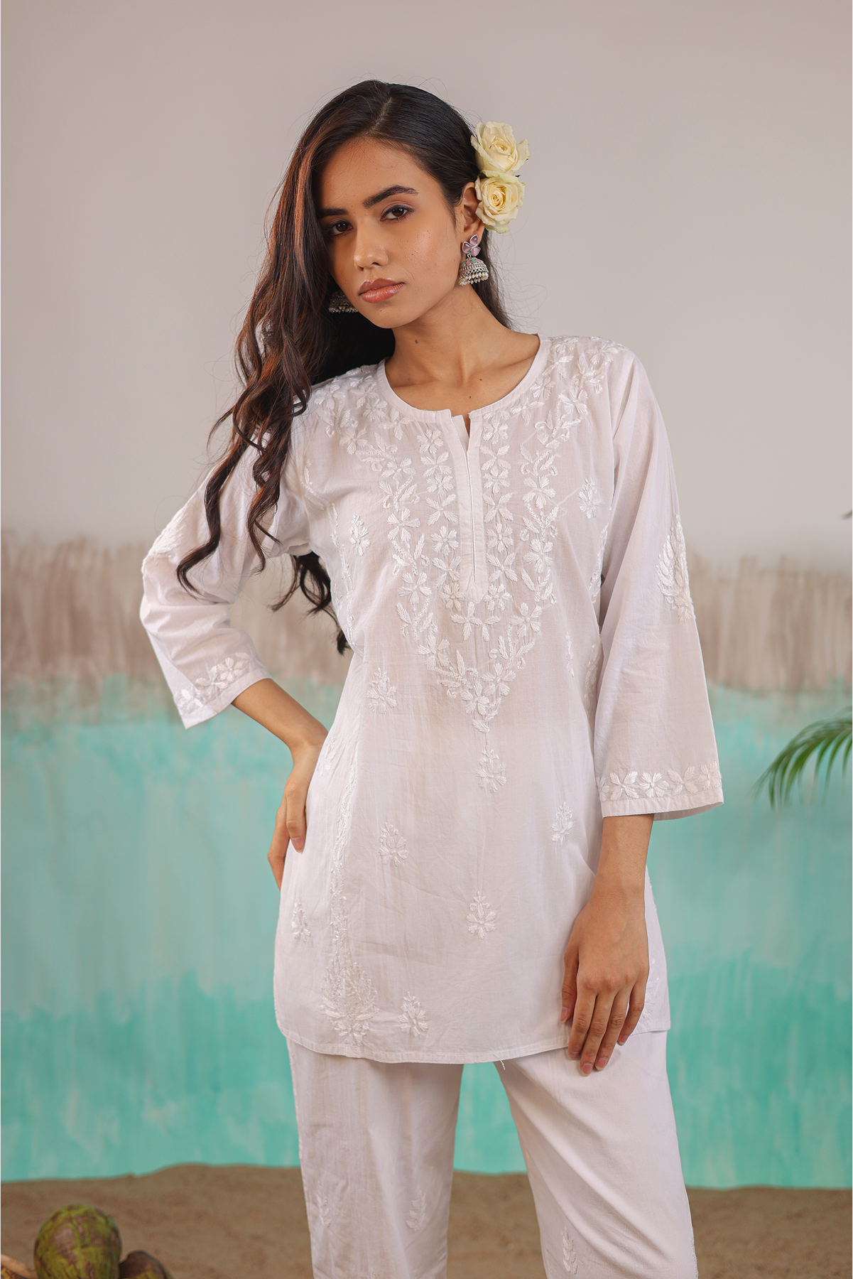 WHITE ANVI PURE COTTON HAND CRAFTED CHIKANKARI SHORT KURTI