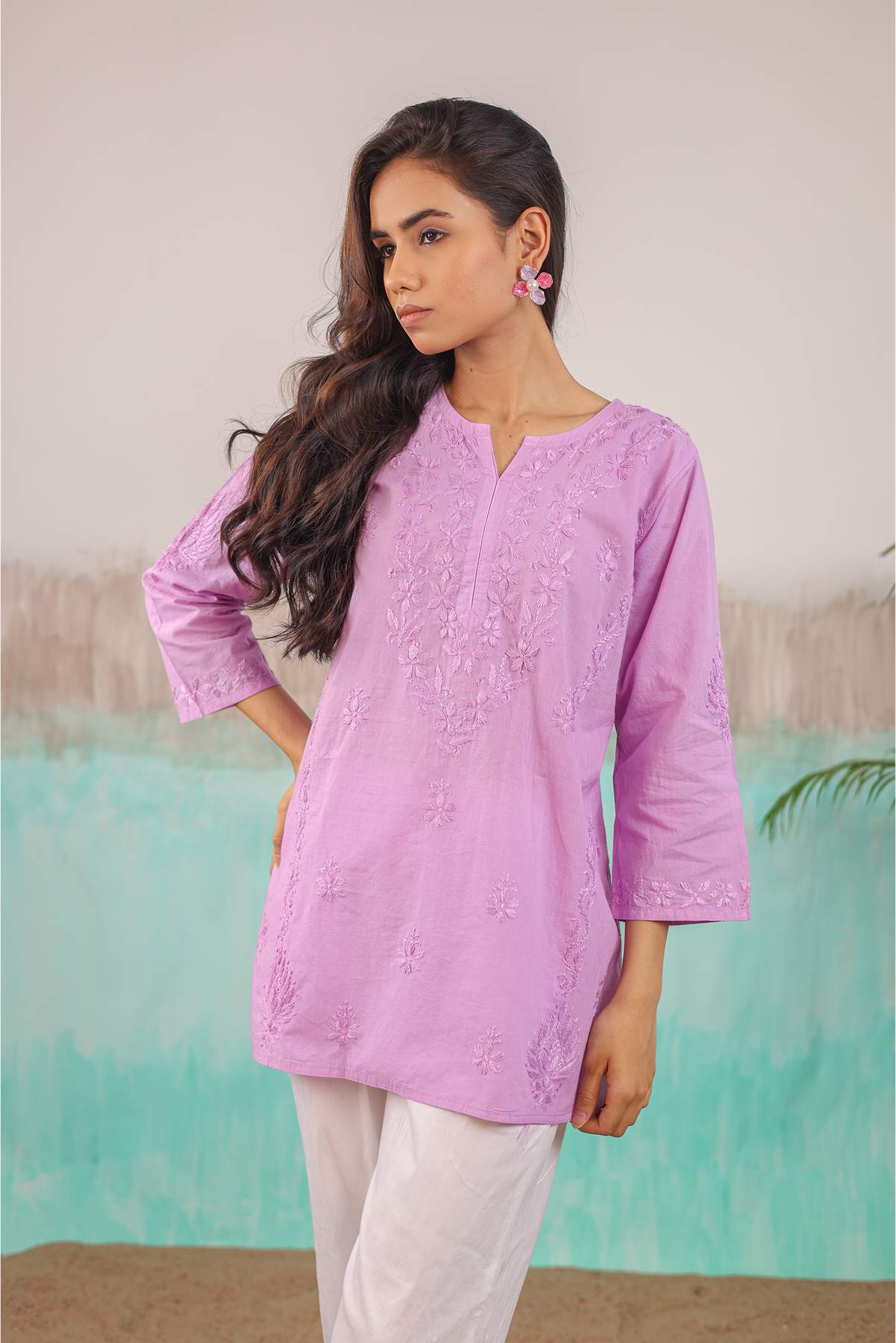 MAUVE ANVI PURE COTTON HAND CRAFTED CHIKANKARI SHORT KURTI