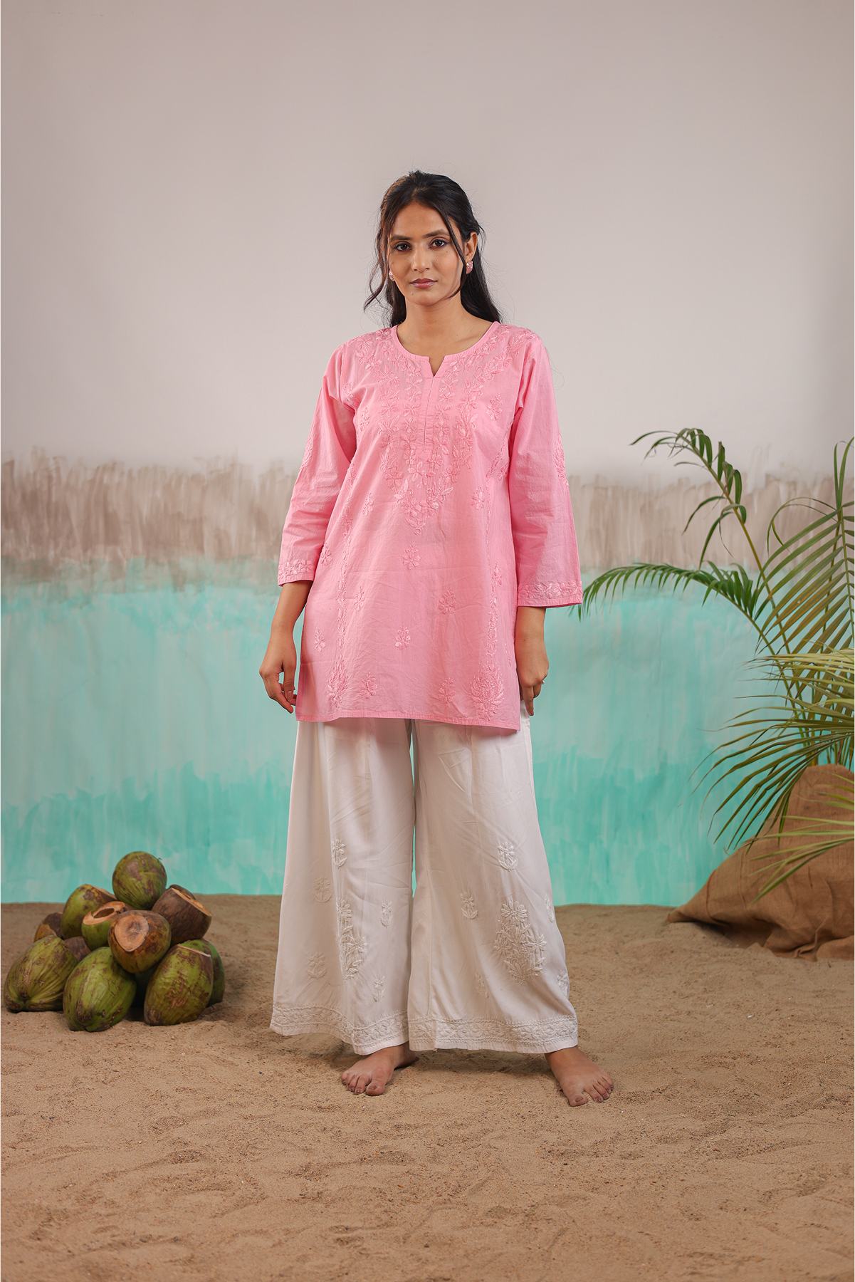 PINK ANVI PURE COTTON HAND CRAFTED CHIKANKARI SHORT KURTI