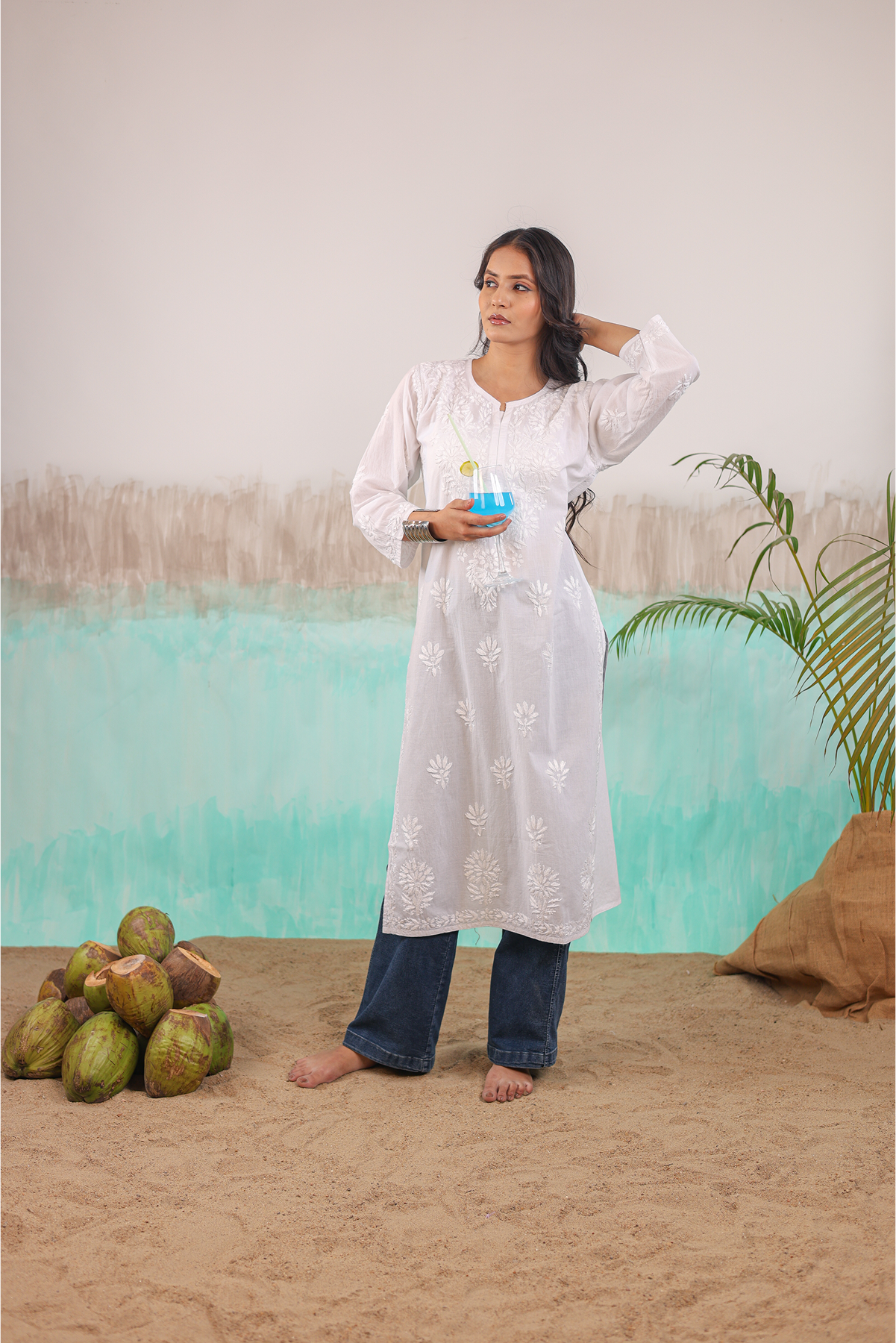 WHITE RUHANI PURE COTTON HAND CRAFTED CHIKANKARI STRAIGHT KURTI