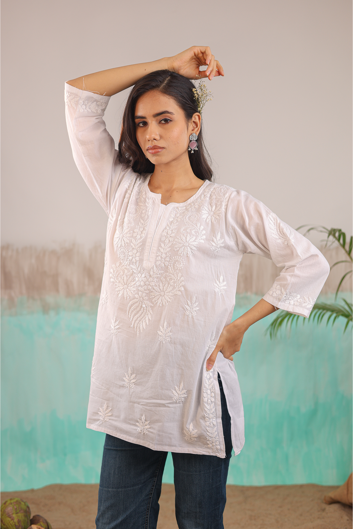 WHITE ANAYA PURE COTTON HAND CRAFTED CHIKANKARI SHORT KURTI