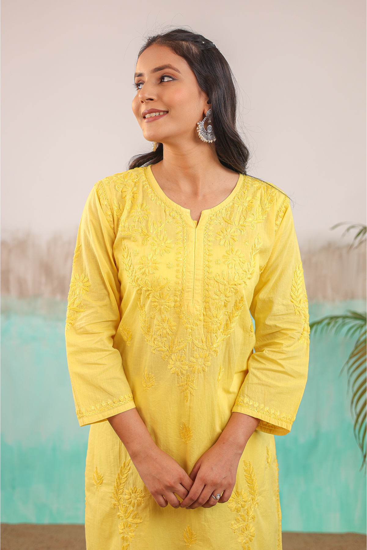 YELLOW KAVYA PURE COTTON HAND CRAFTED CHIKANKARI STRAIGHT KURTI
