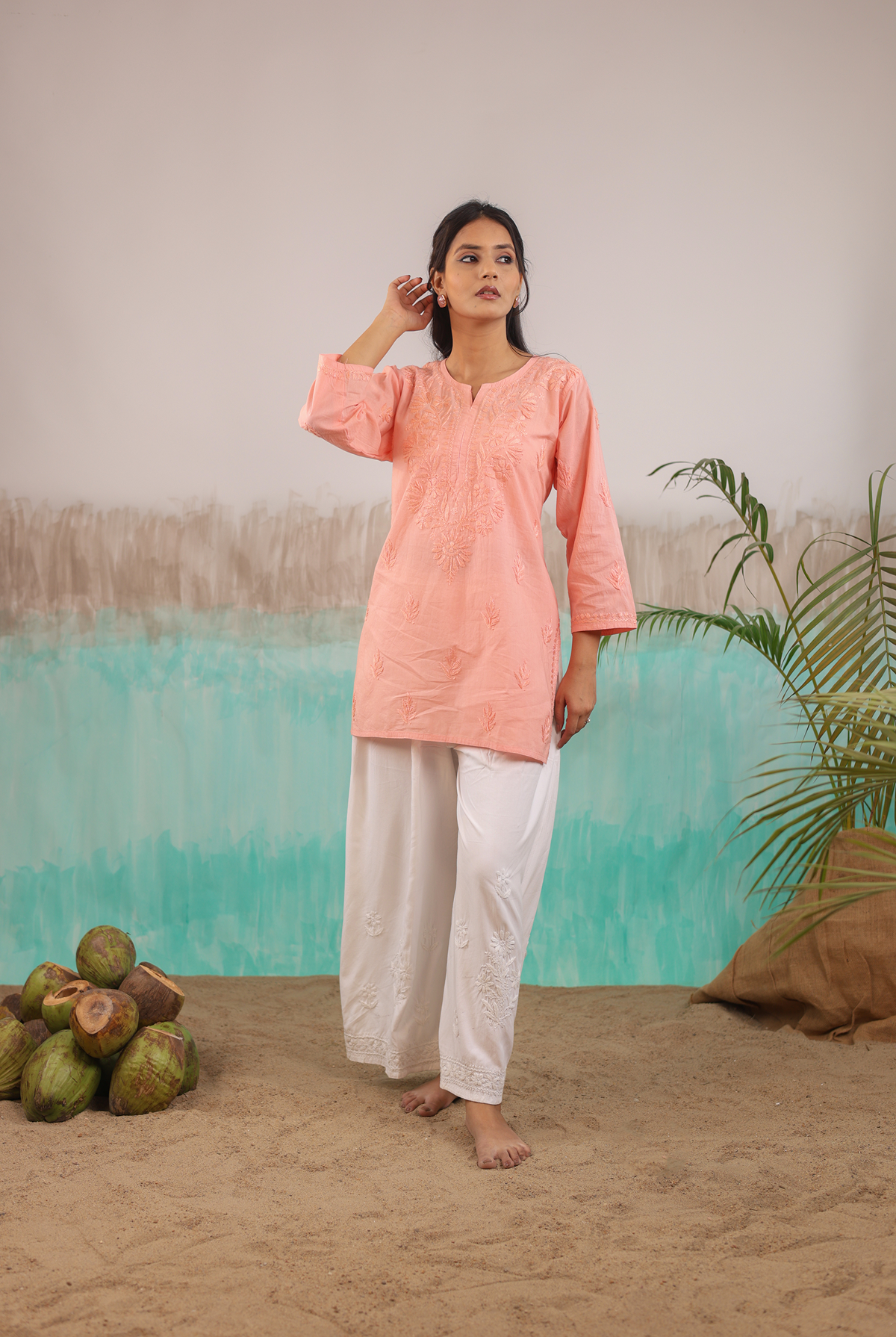 PEACH NEERA PURE COTTON HAND CRAFTED CHIKANKARI SHORT KURTI