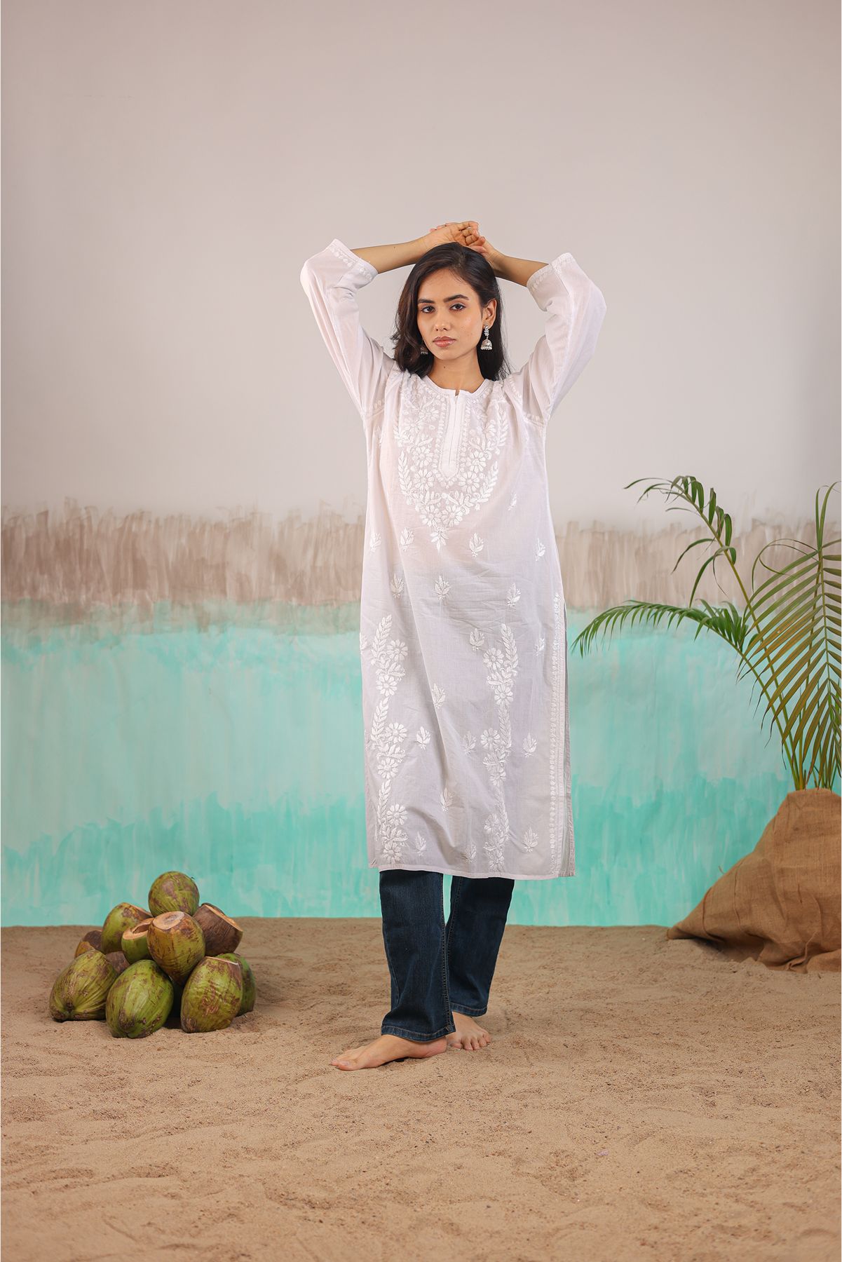 WHITE KAVYA PURE COTTON HAND CRAFTED CHIKANKARI STRAIGHT KURTI