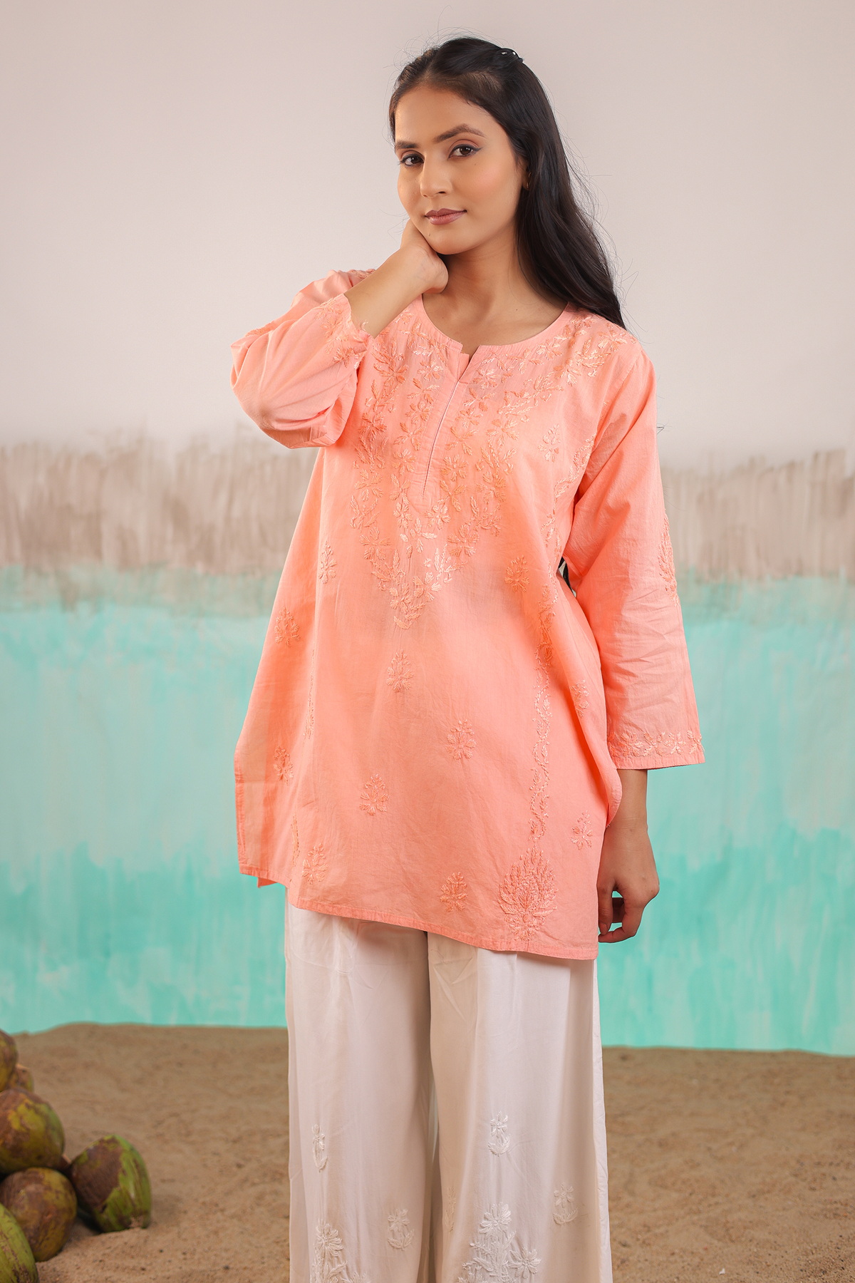 PEACH ANVI PURE COTTON HAND CRAFTED CHIKANKARI SHORT KURTI