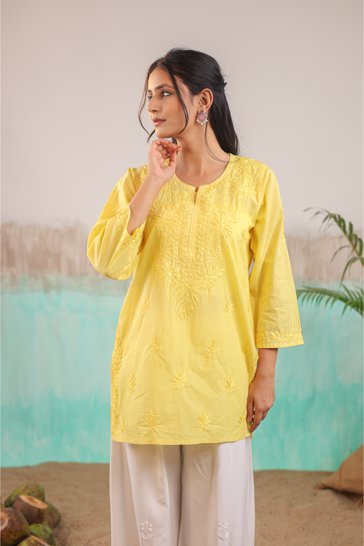 YELLOW ANAYA PURE COTTON HAND CRAFTED CHIKANKARI SHORT KURTI