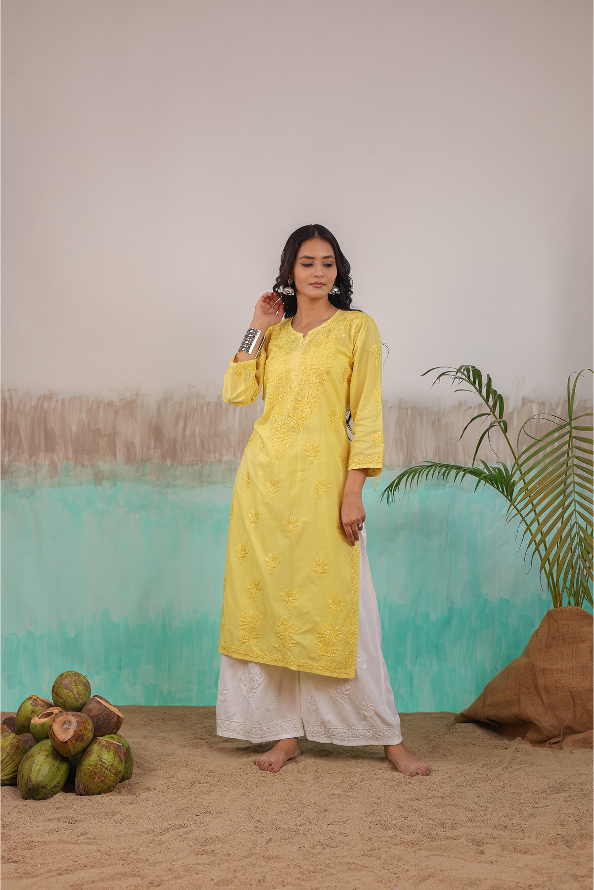 YELLOW RUHANI PURE COTTON HAND CRAFTED CHIKANKARI STRAIGHT KURTI