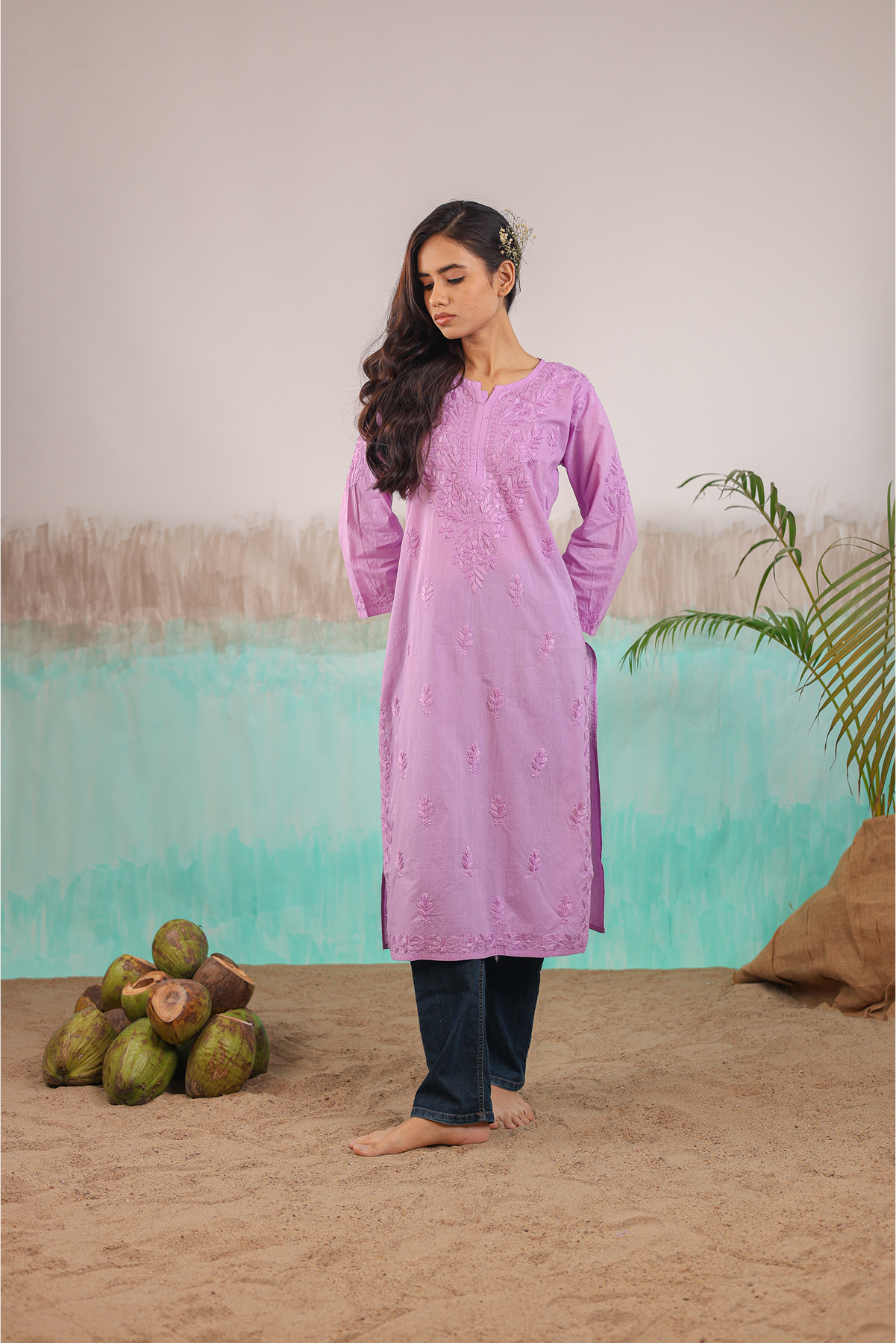 MAUVE AAROHI PURE COTTON HAND CRAFTED CHIKANKARI STRAIGHT KURTI
