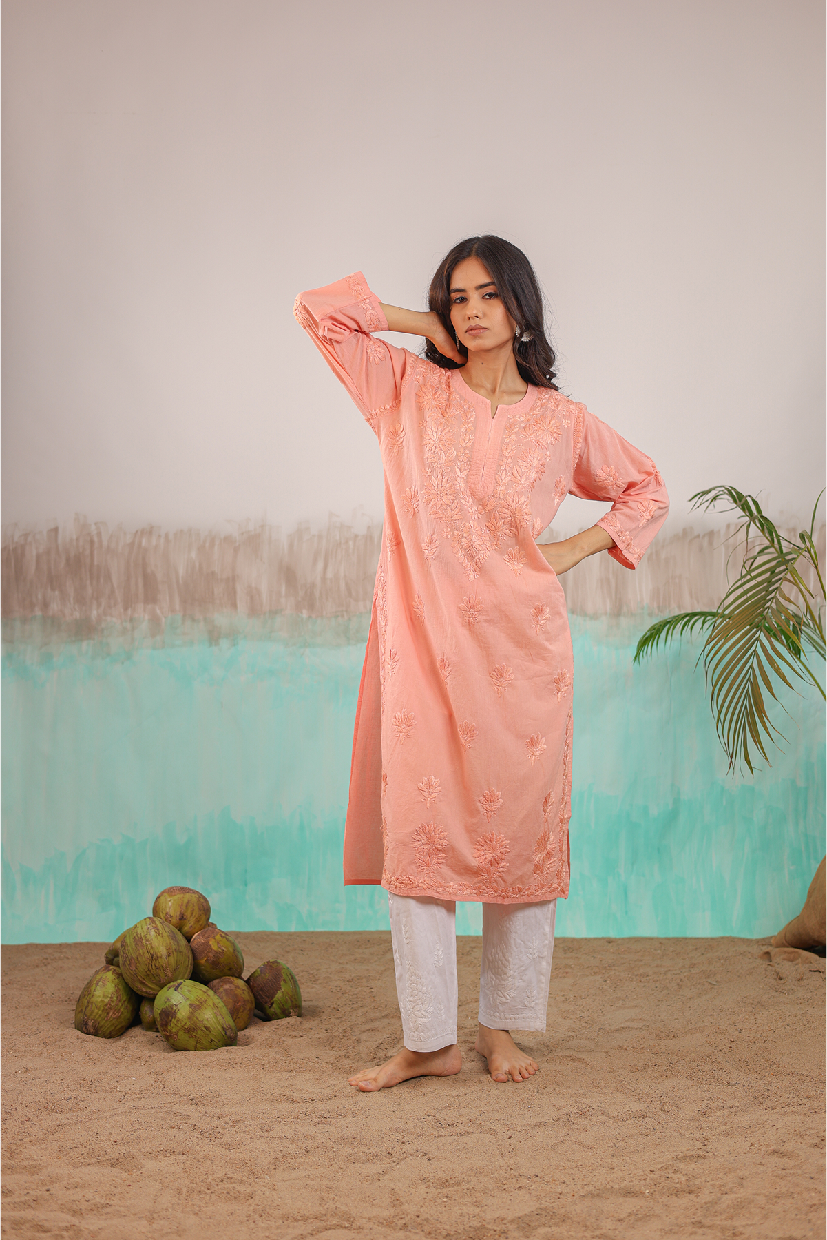 PEACH RUHANI PURE COTTON HAND CRAFTED CHIKANKARI STRAIGHT KURTI