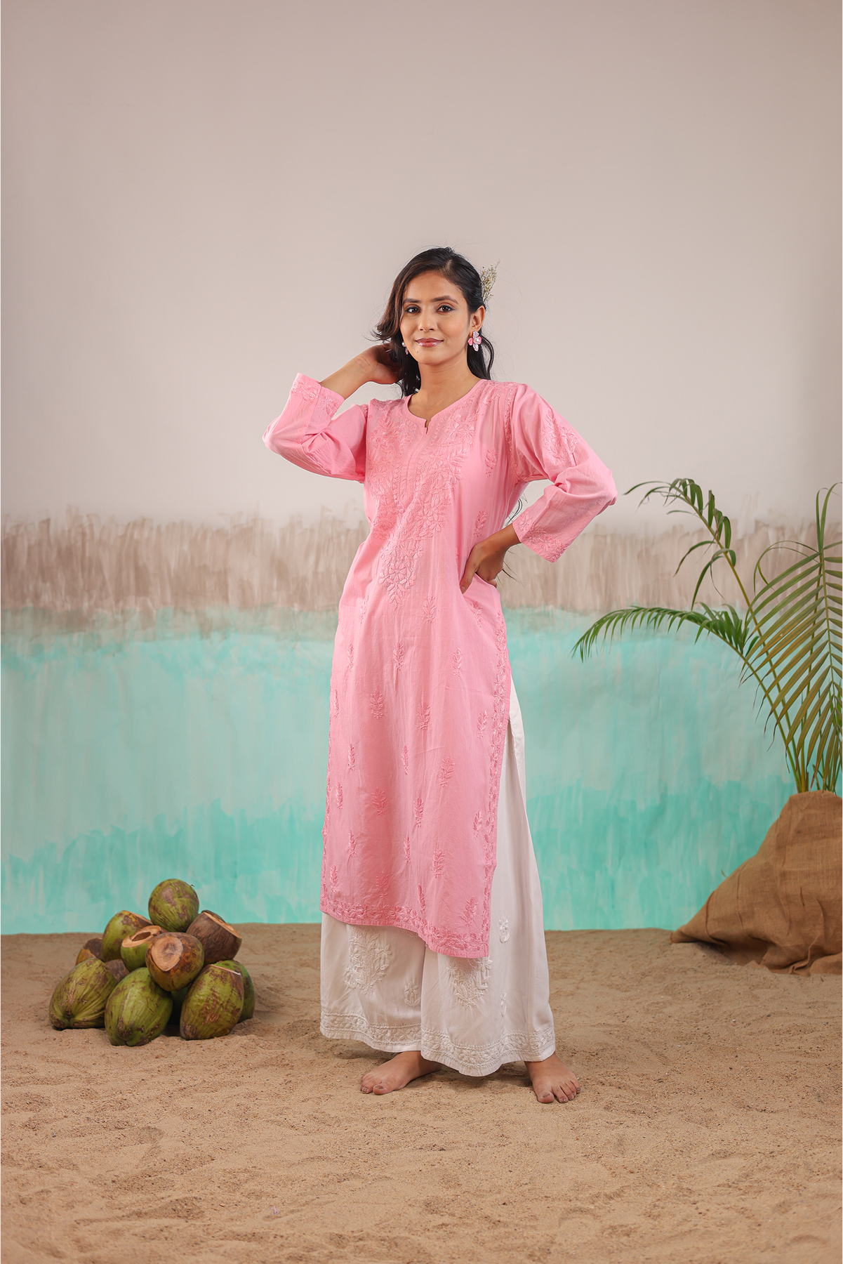 PINK AAROHI PURE COTTON HAND CRAFTED CHIKANKARI STRAIGHT KURTI