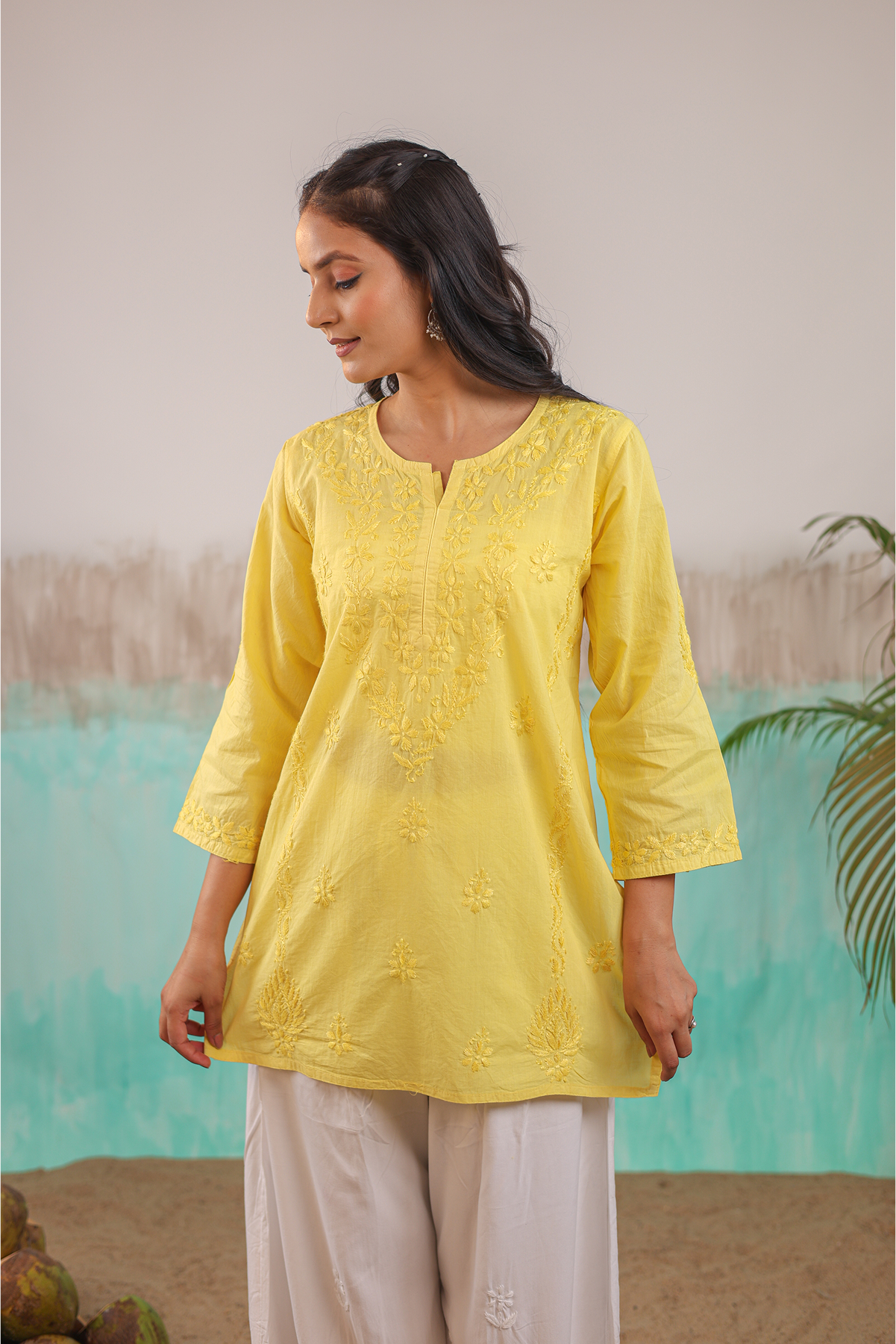 YELLOW ANVI PURE COTTON HAND CRAFTED CHIKANKARI SHORT KURTI