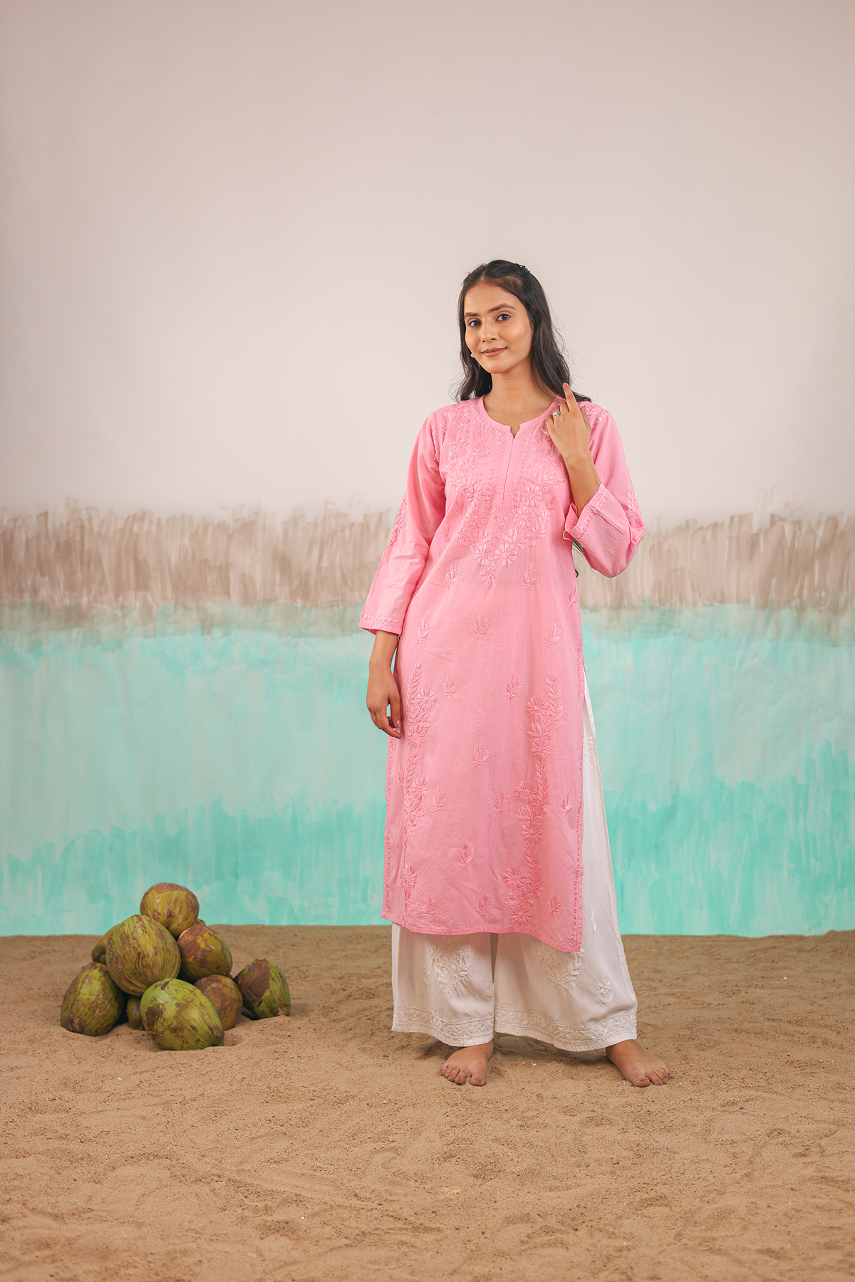 PINK KAVYA PURE COTTON HAND CRAFTED CHIKANKARI STRAIGHT KURTI