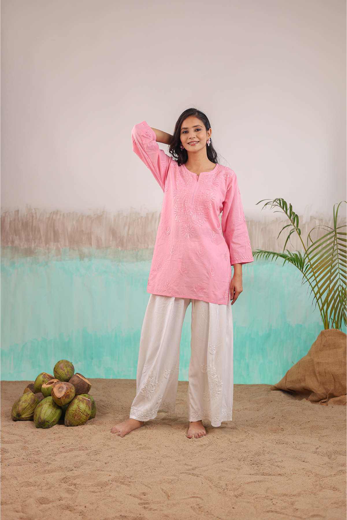 PINK NEERA PURE COTTON HAND CRAFTED CHIKANKARI SHORT KURTI