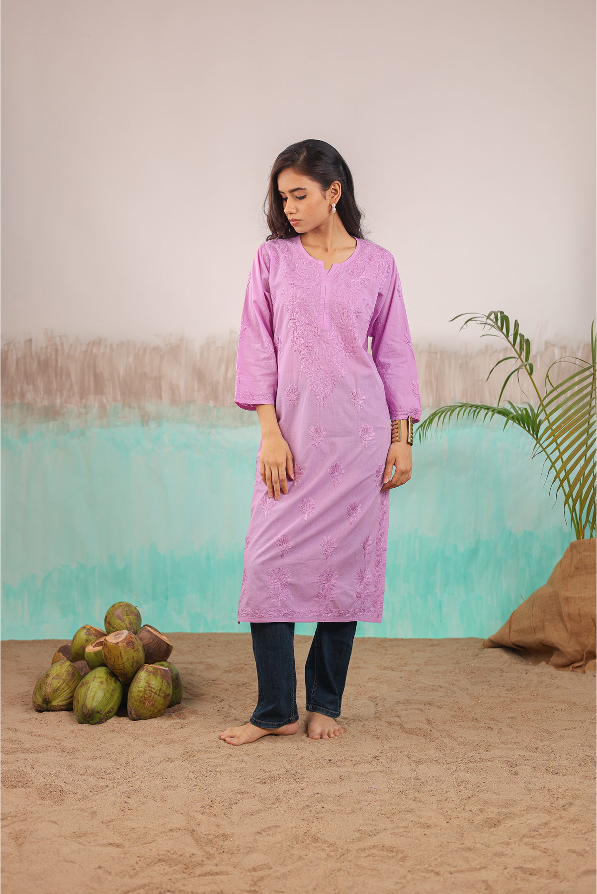 MAUVE RUHANI PURE COTTON HAND CRAFTED CHIKANKARI STRAIGHT KURTI