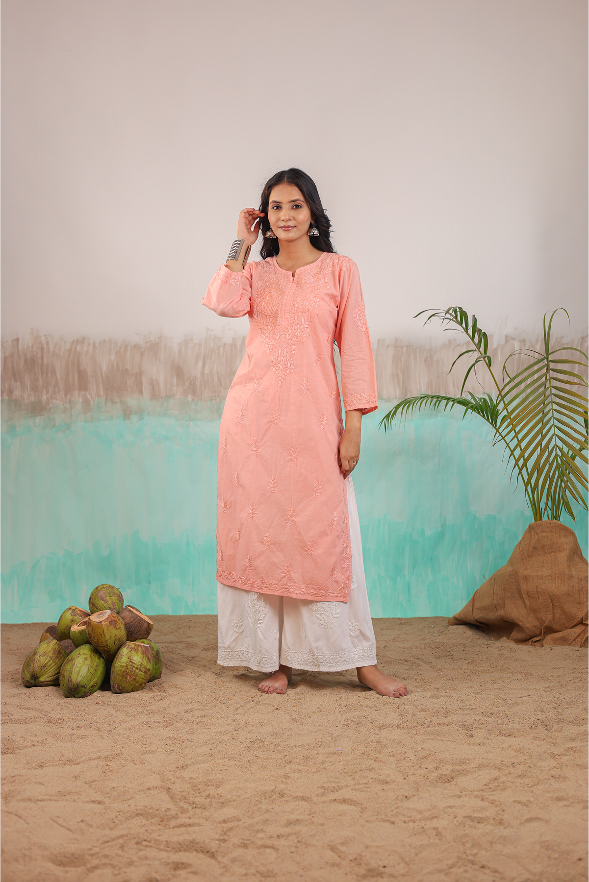 PEACH AAROHI PURE COTTON HAND CRAFTED CHIKANKARI STRAIGHT KURTI