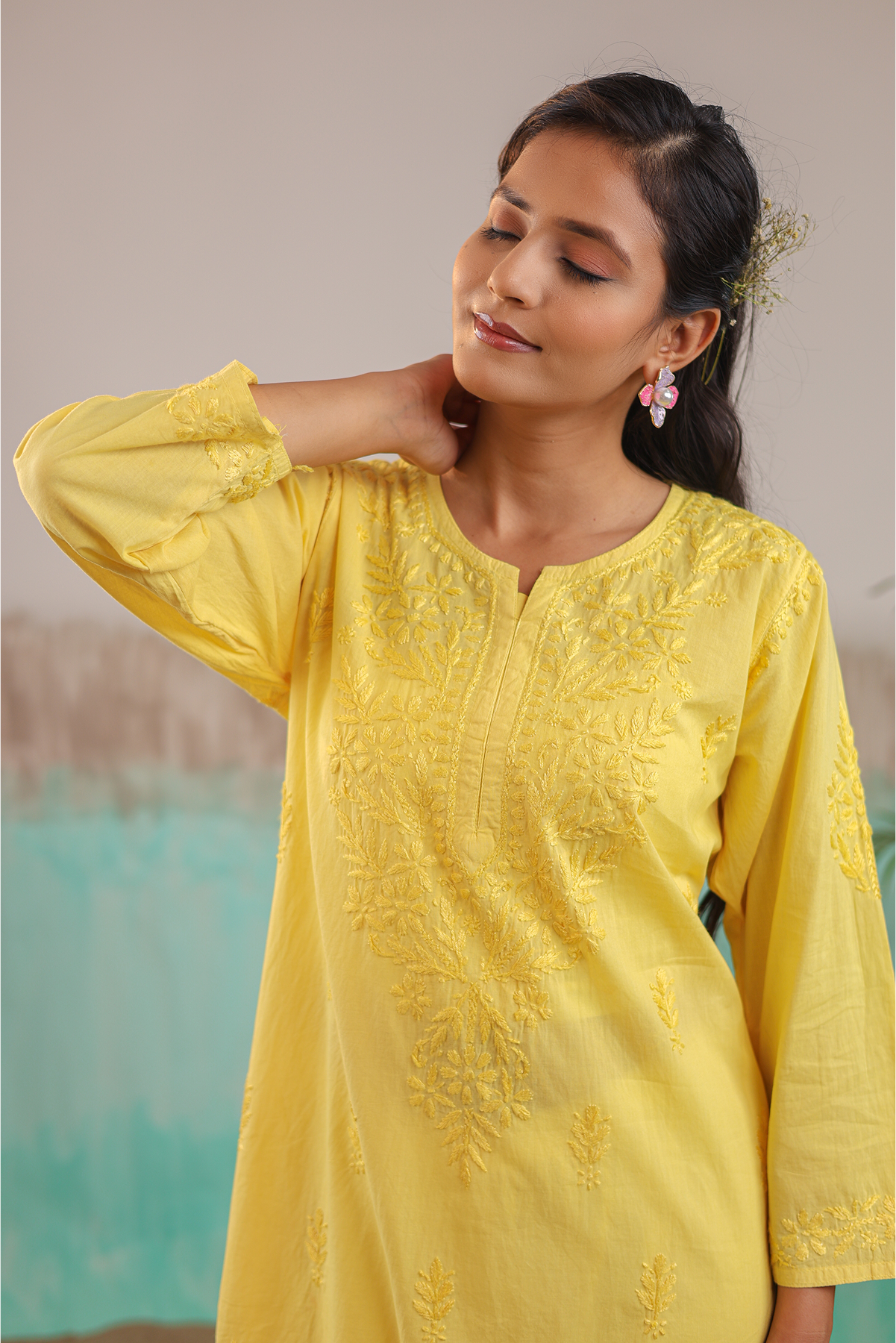 YELLOW AAROHI PURE COTTON HAND CRAFTED CHIKANKARI STRAIGHT KURTI