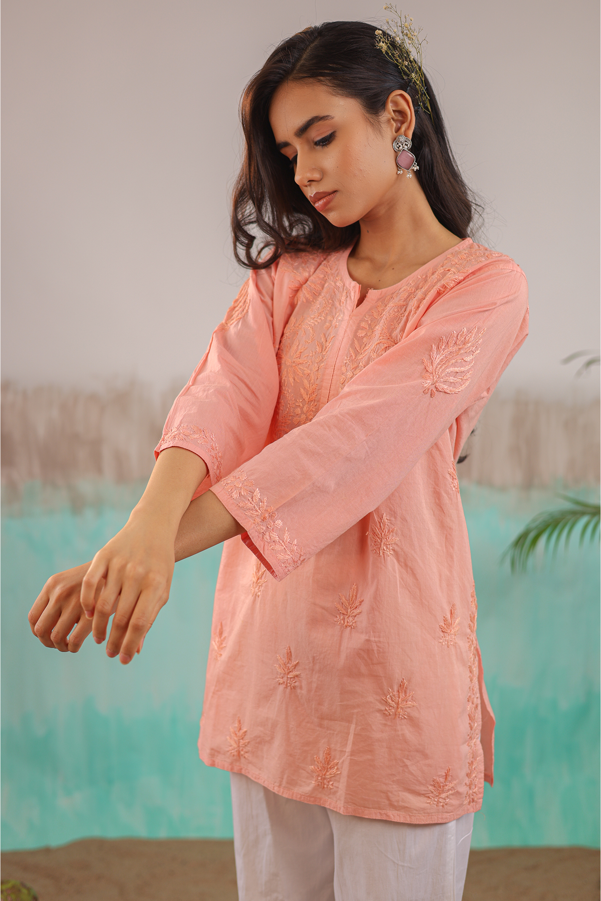 PEACH ANAYA PURE COTTON HAND CRAFTED CHIKANKARI SHORT KURTI