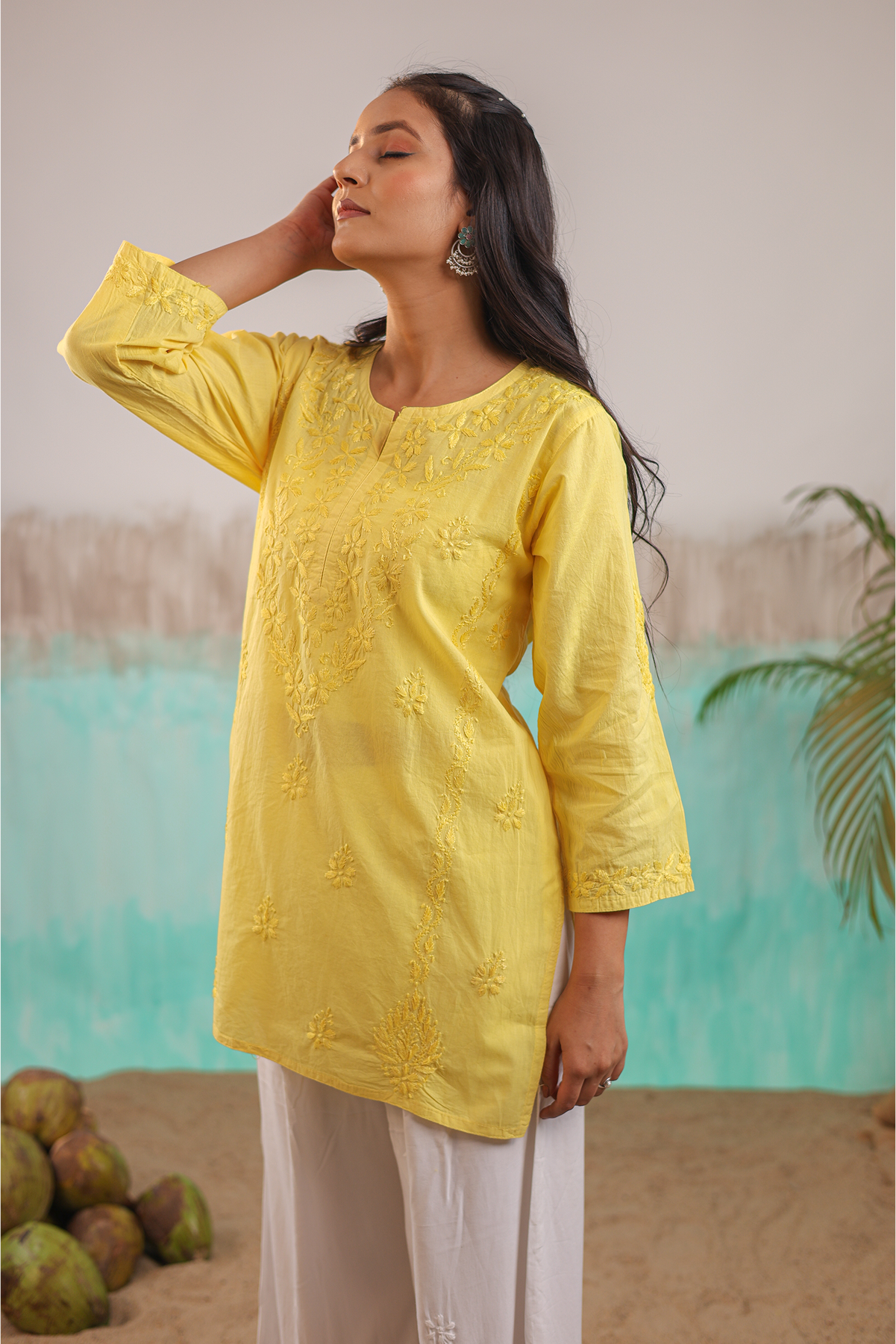 YELLOW ANVI PURE COTTON HAND CRAFTED CHIKANKARI SHORT KURTI