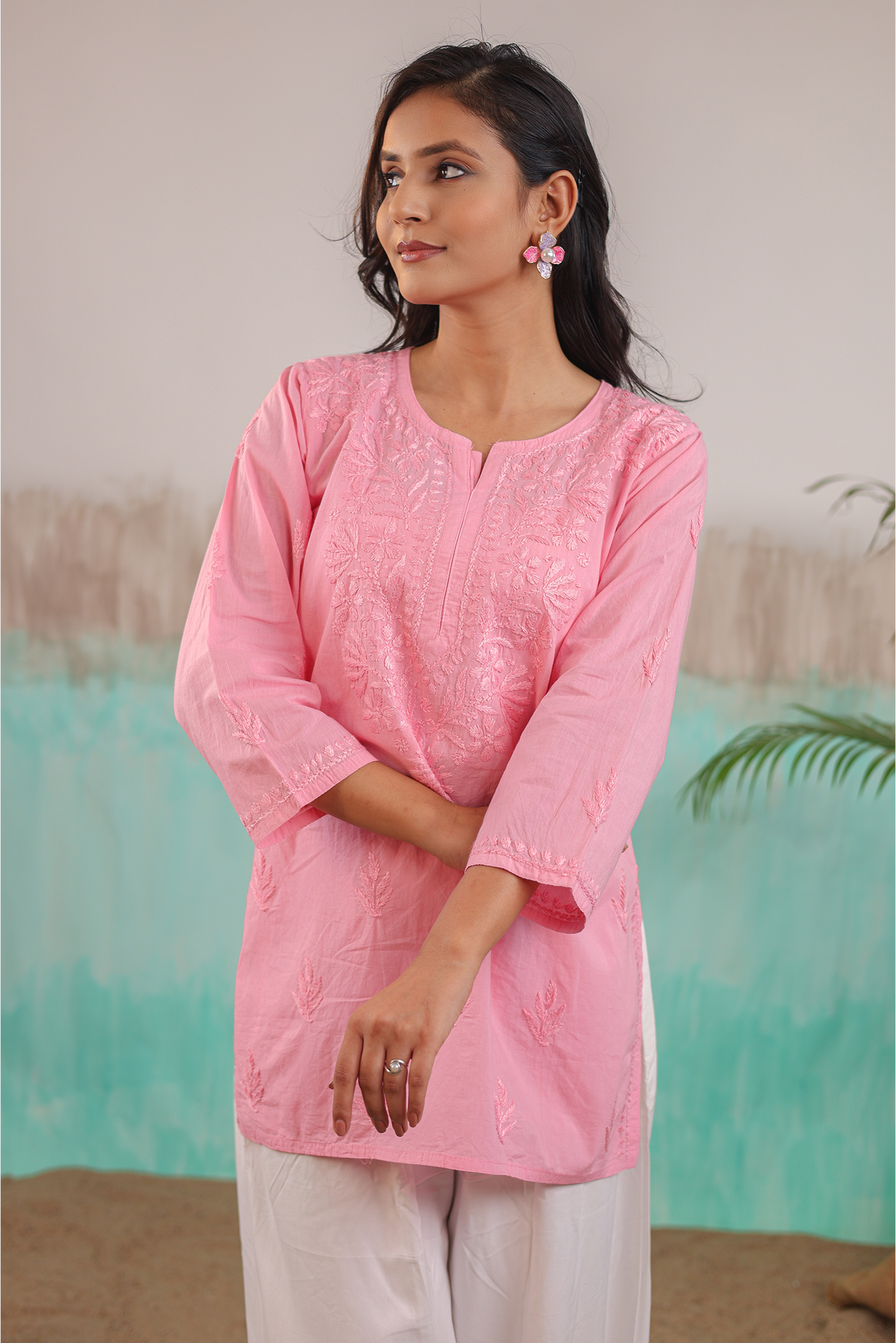 PINK NEERA PURE COTTON HAND CRAFTED CHIKANKARI SHORT KURTI
