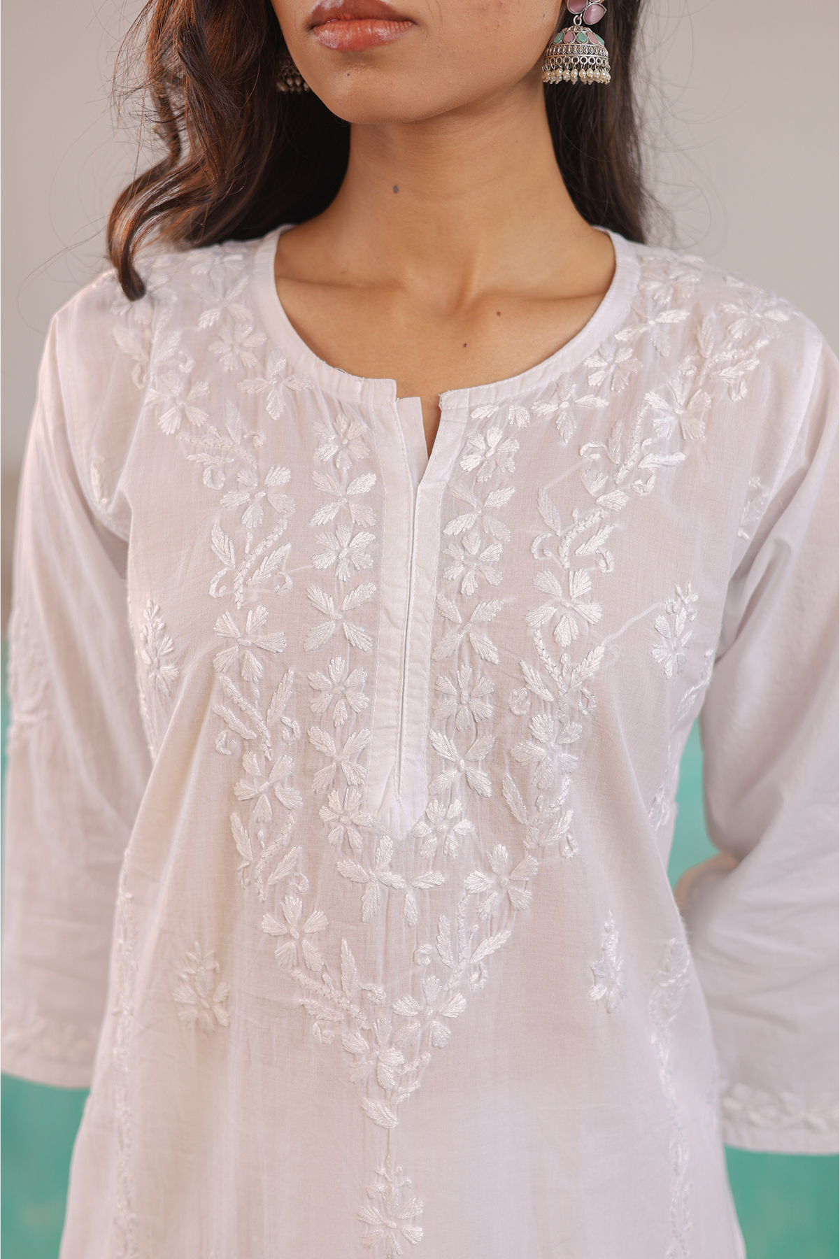 WHITE ANVI PURE COTTON HAND CRAFTED CHIKANKARI SHORT KURTI