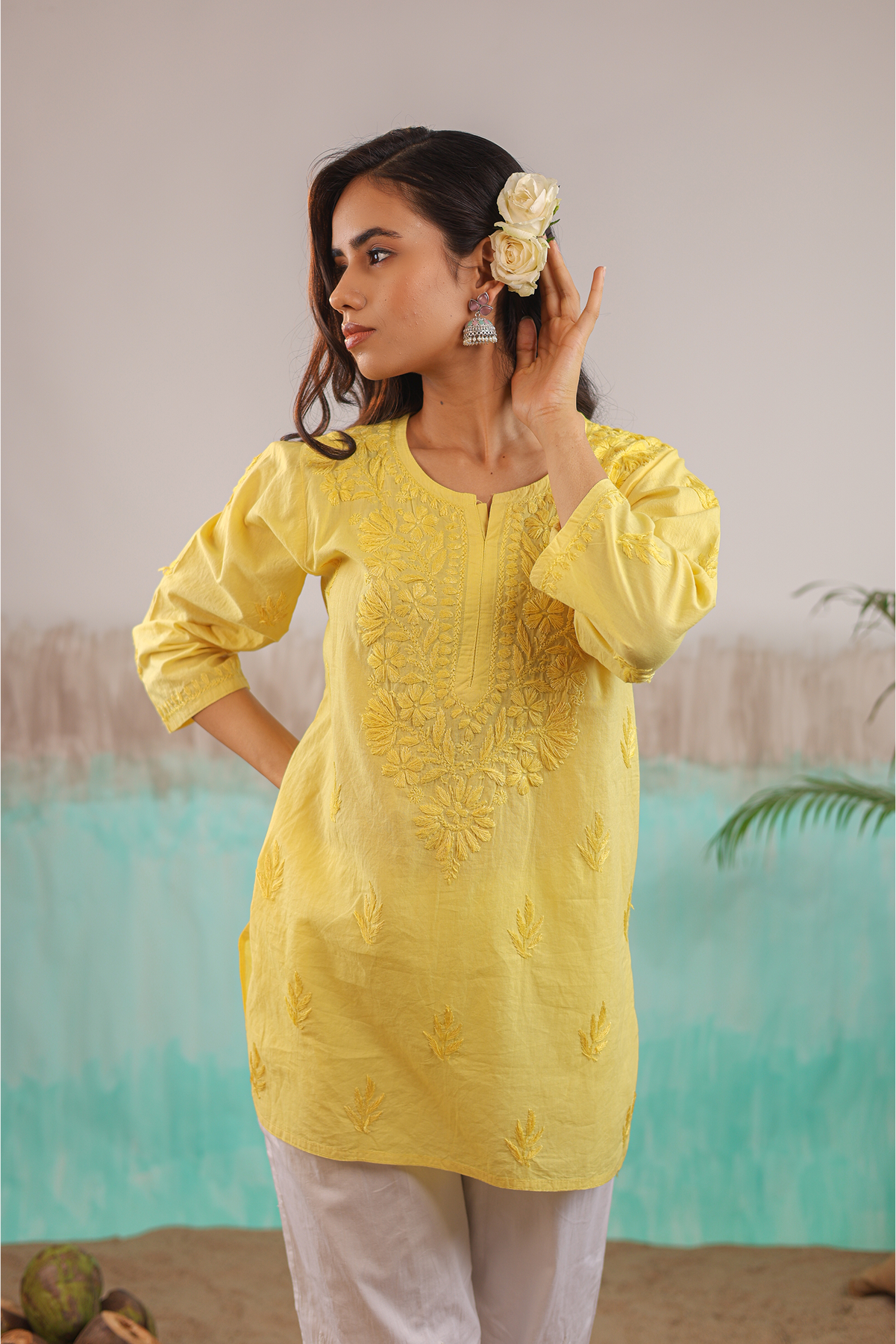 YELLOW NEERA PURE COTTON HAND CRAFTED CHIKANKARI SHORT KURTI