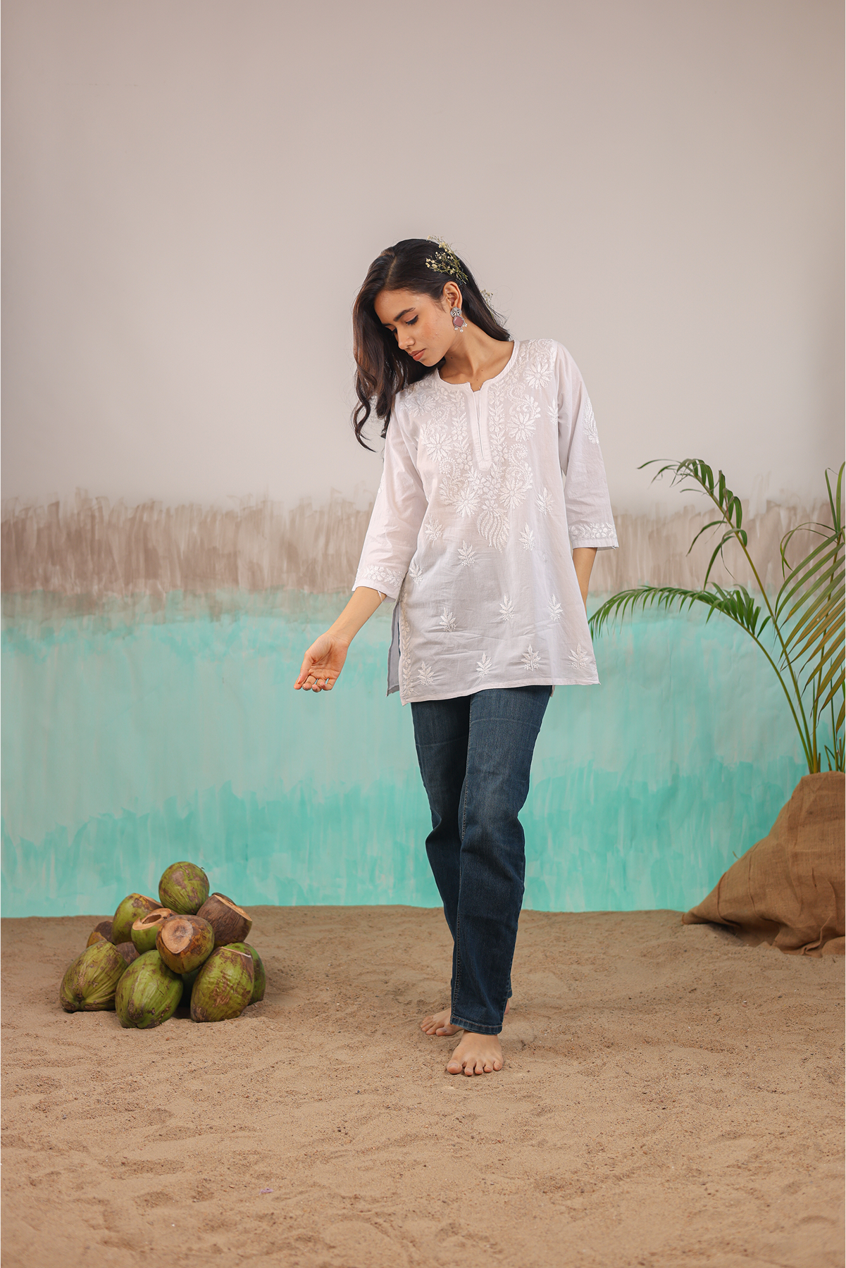 WHITE ANAYA PURE COTTON HAND CRAFTED CHIKANKARI SHORT KURTI