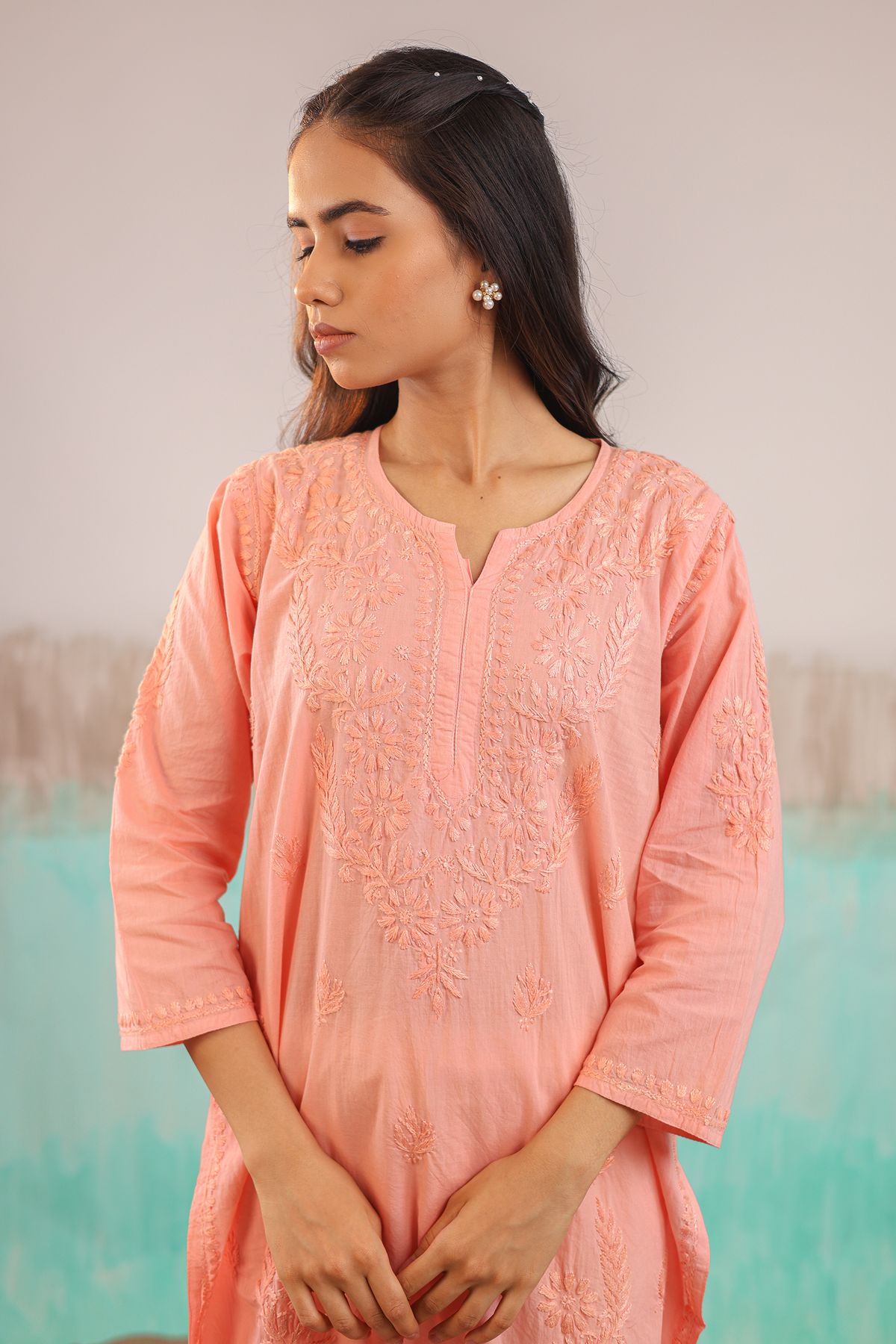 PEACH KAVYA PURE COTTON HAND CRAFTED CHIKANKARI STRAIGHT KURTI
