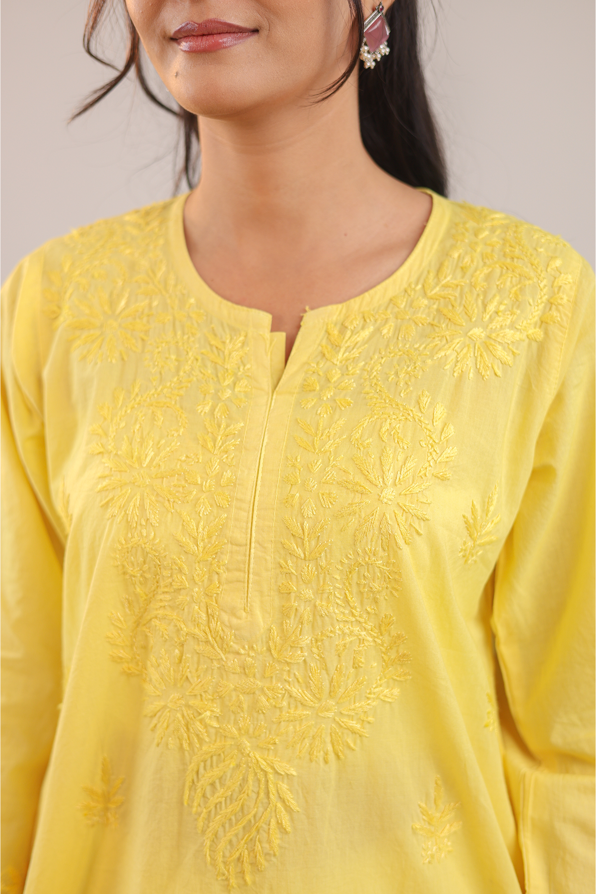 YELLOW ANAYA PURE COTTON HAND CRAFTED CHIKANKARI SHORT KURTI