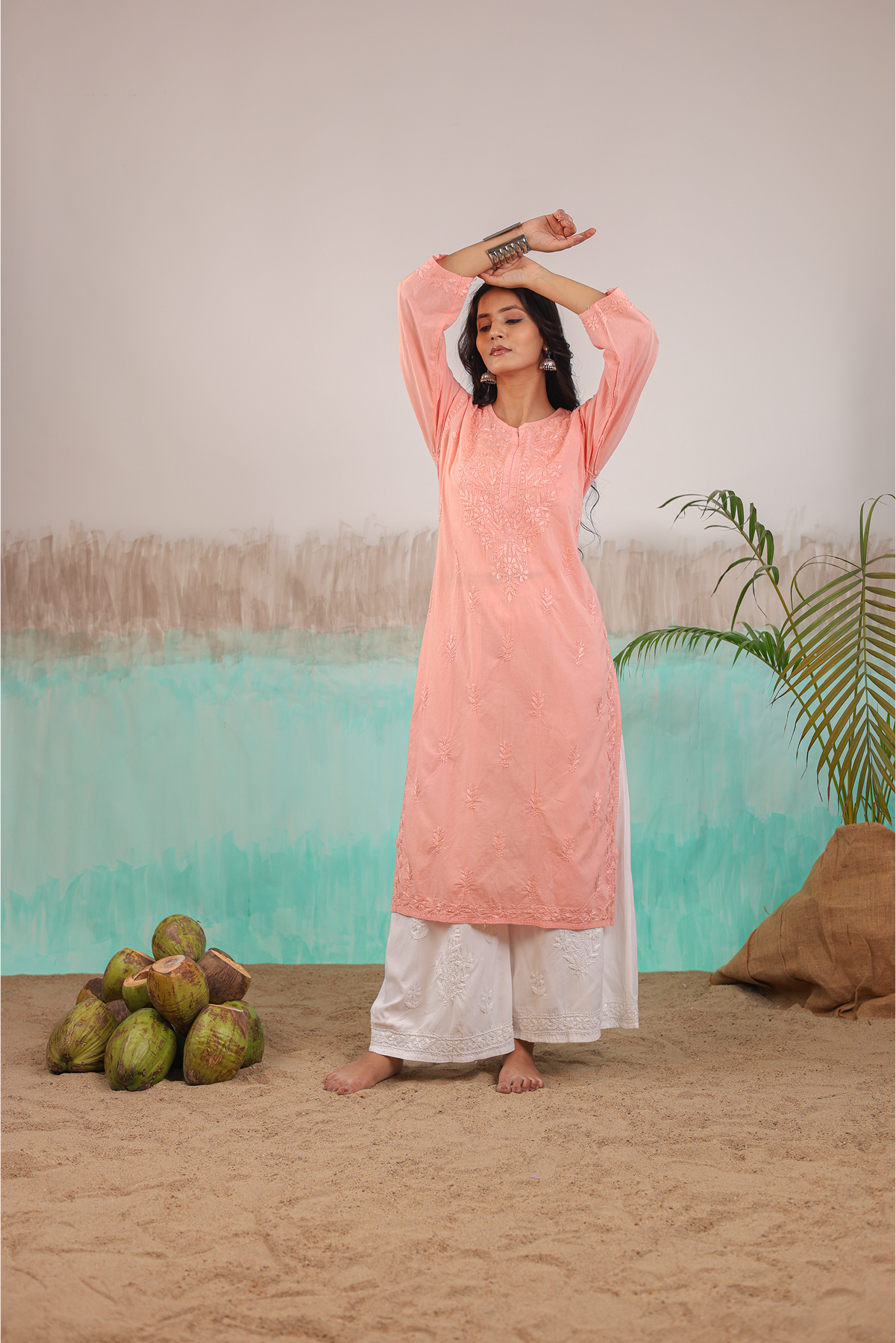 PEACH AAROHI PURE COTTON HAND CRAFTED CHIKANKARI STRAIGHT KURTI