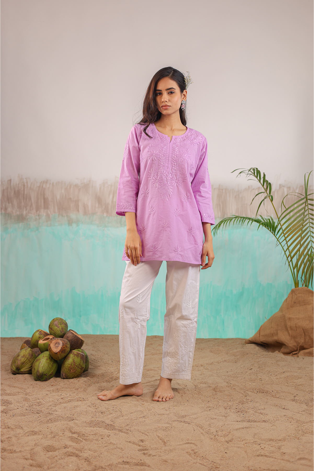 MAUVE ANAYA PURE COTTON HAND CRAFTED CHIKANKARI SHORT KURTI