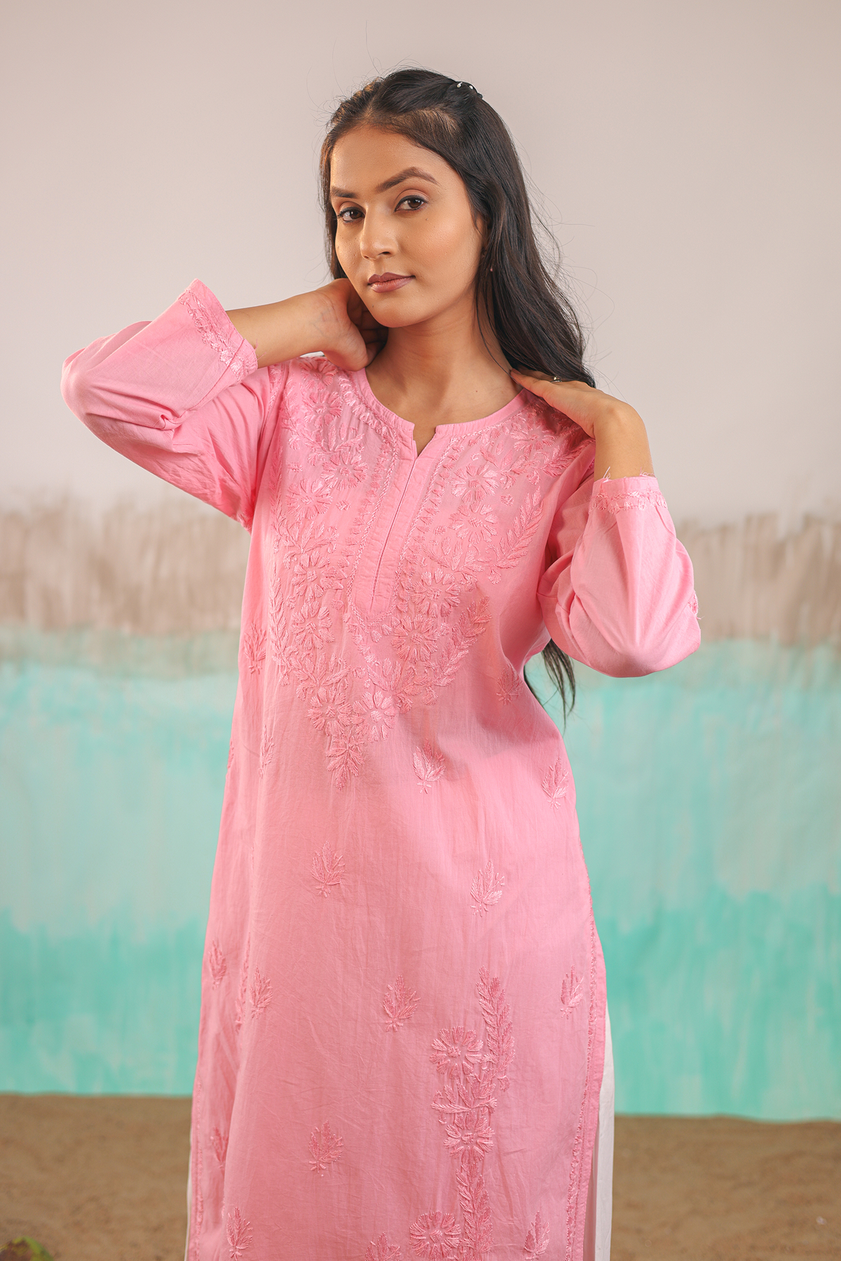 PINK KAVYA PURE COTTON HAND CRAFTED CHIKANKARI STRAIGHT KURTI