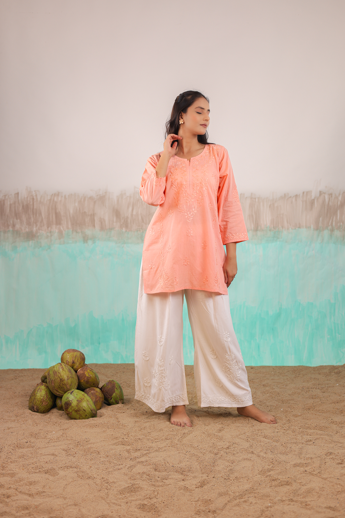PEACH ANVI PURE COTTON HAND CRAFTED CHIKANKARI SHORT KURTI
