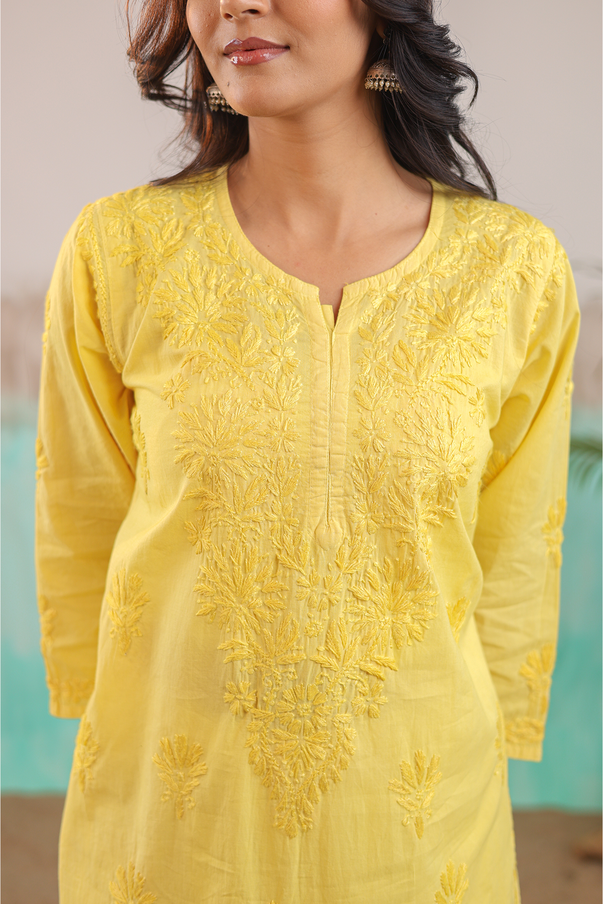 YELLOW RUHANI PURE COTTON HAND CRAFTED CHIKANKARI STRAIGHT KURTI