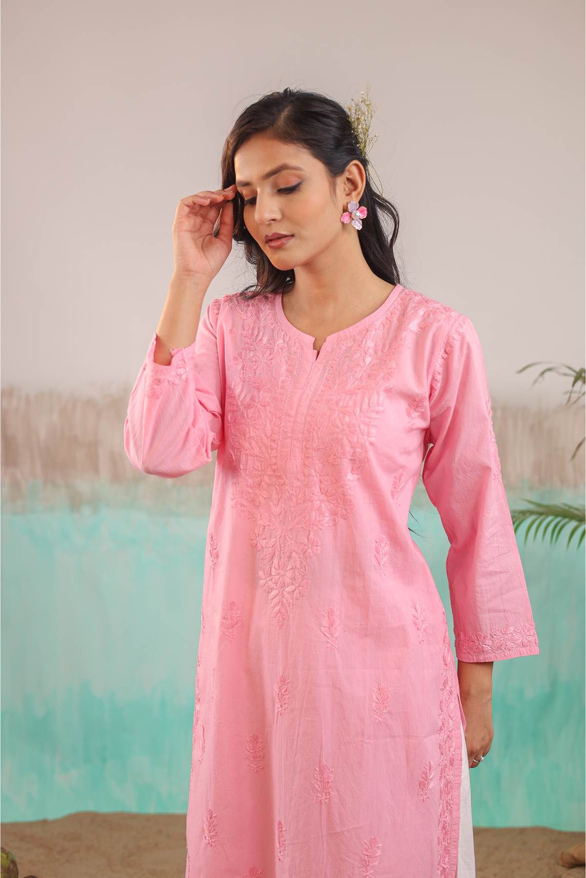 PINK AAROHI PURE COTTON HAND CRAFTED CHIKANKARI STRAIGHT KURTI