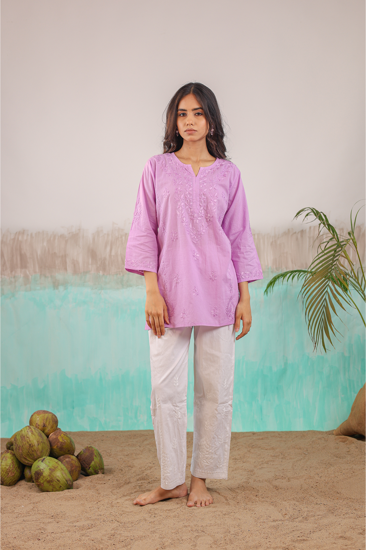 MAUVE ANVI PURE COTTON HAND CRAFTED CHIKANKARI SHORT KURTI