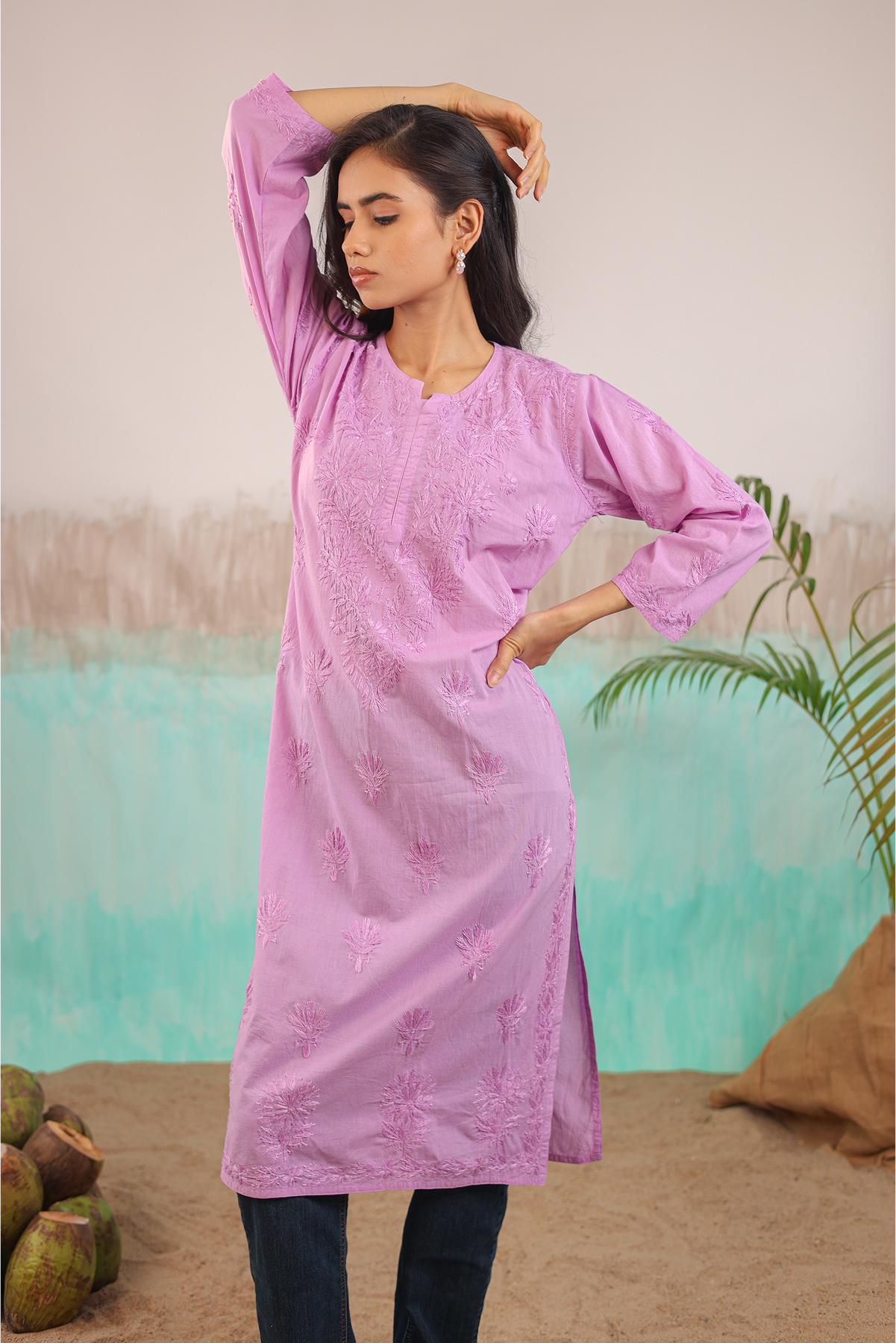 MAUVE RUHANI PURE COTTON HAND CRAFTED CHIKANKARI STRAIGHT KURTI