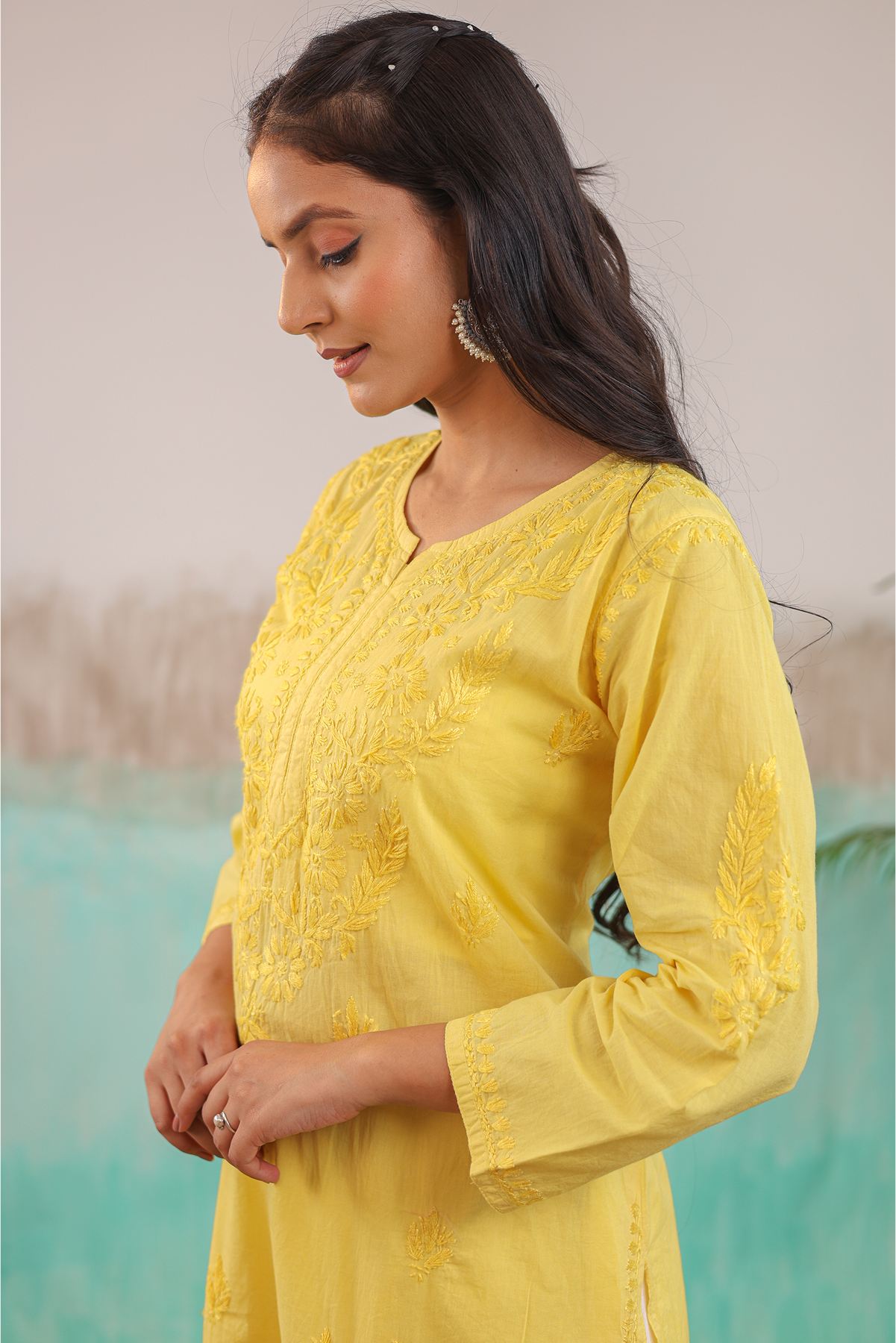 YELLOW KAVYA PURE COTTON HAND CRAFTED CHIKANKARI STRAIGHT KURTI