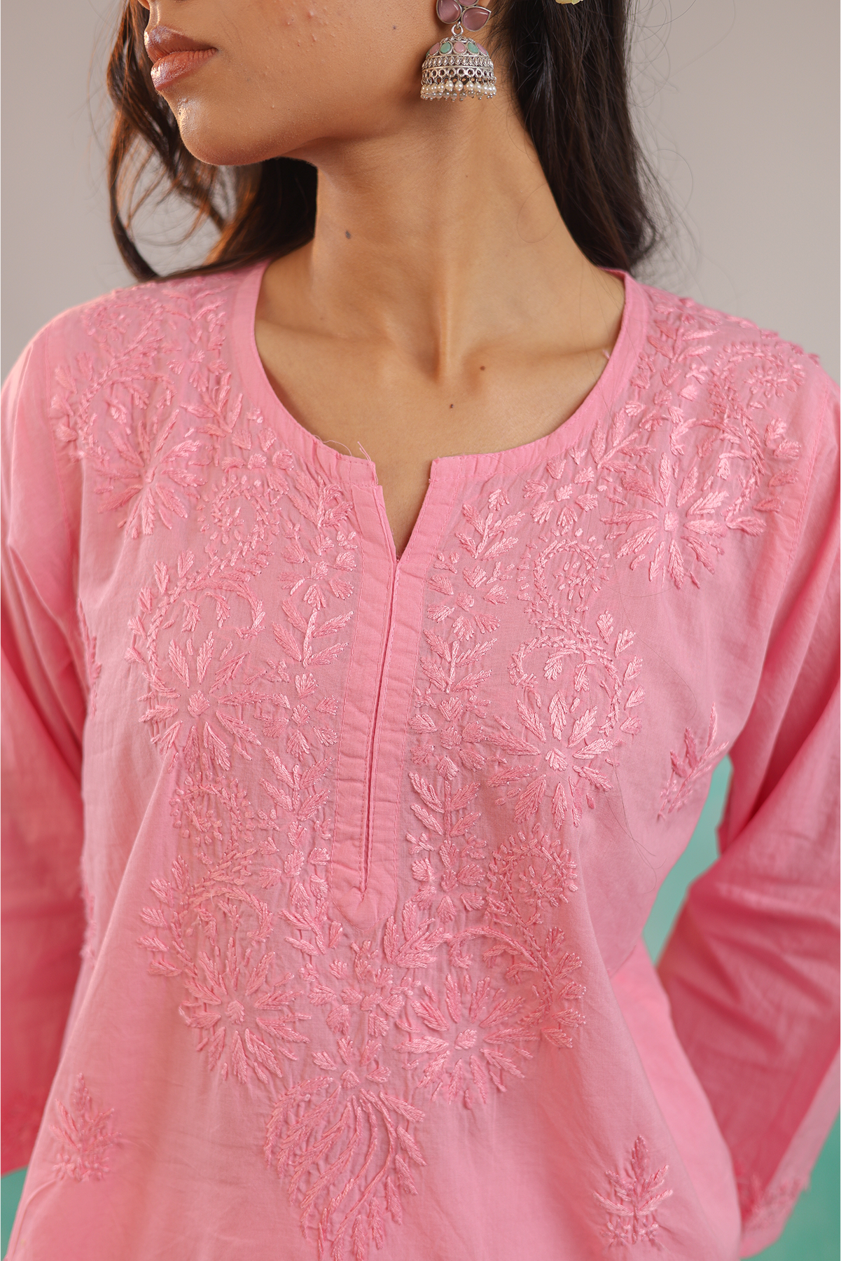 PINK ANAYA PURE COTTON HAND CRAFTED CHIKANKARI SHORT KURTI