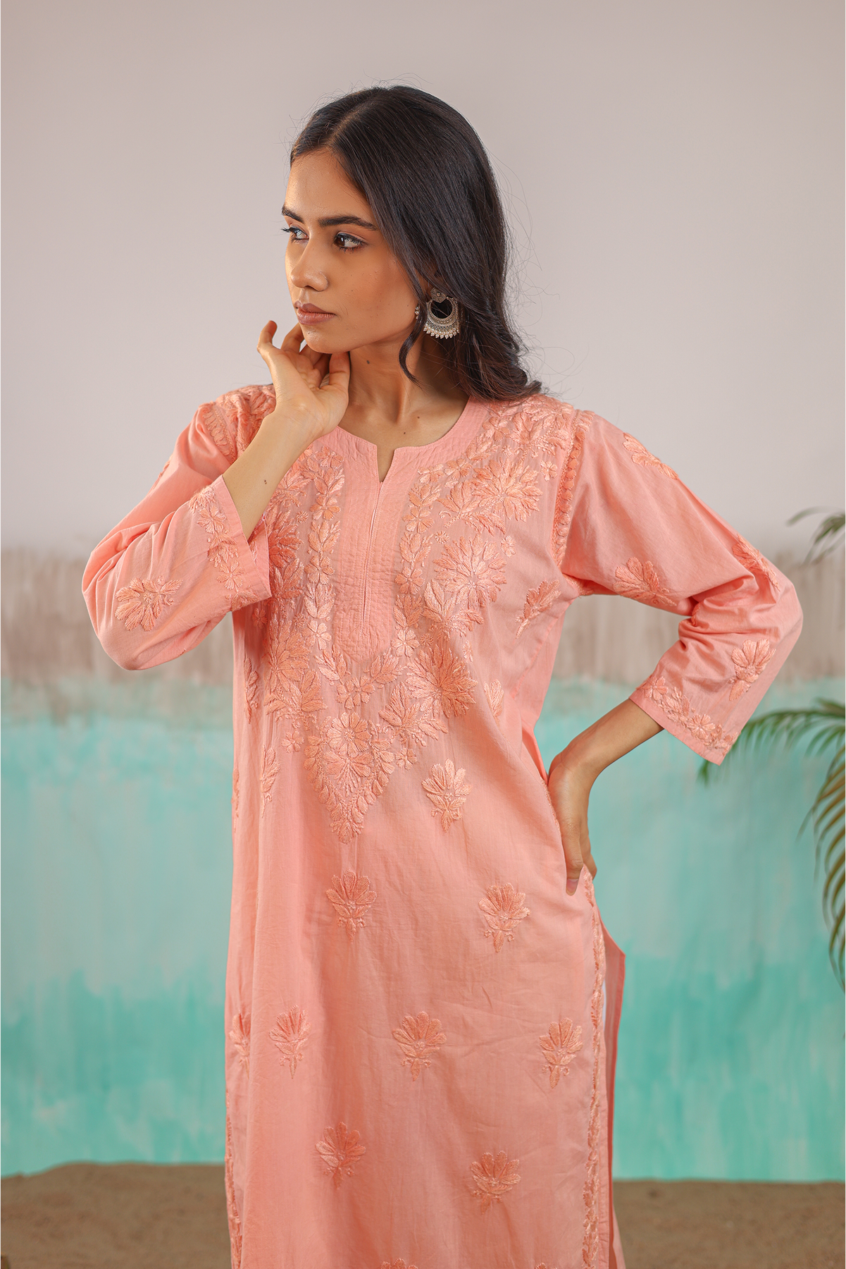 PEACH RUHANI PURE COTTON HAND CRAFTED CHIKANKARI STRAIGHT KURTI